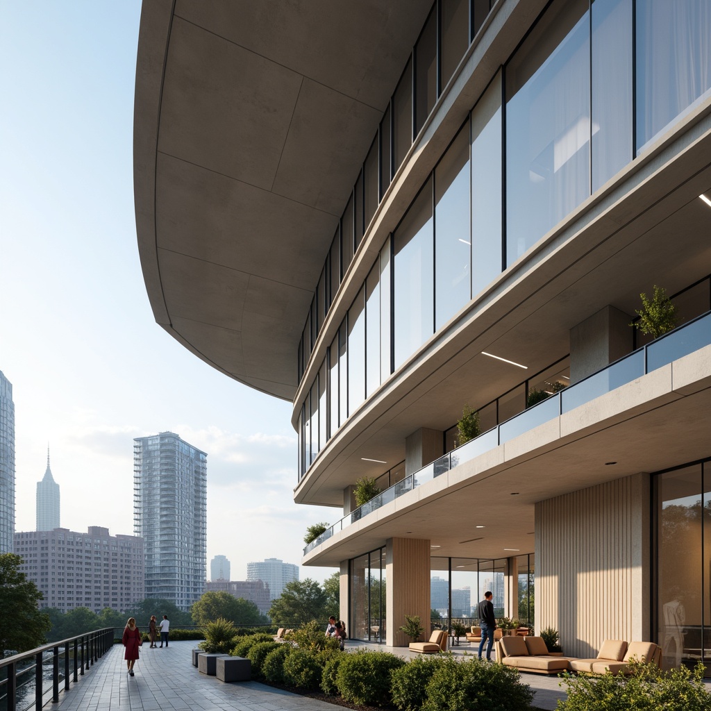 Prompt: Sleek modern building, curved lines, metallic accents, large glass windows, minimalist interiors, monochromatic color scheme, soft pastel hues, creamy whites, rich charcoals, bold navy blues, warm beige tones, subtle texture overlays, ambient occlusion, shallow depth of field, 1/1 composition, realistic reflections, panoramic cityscape view, morning softbox lighting.