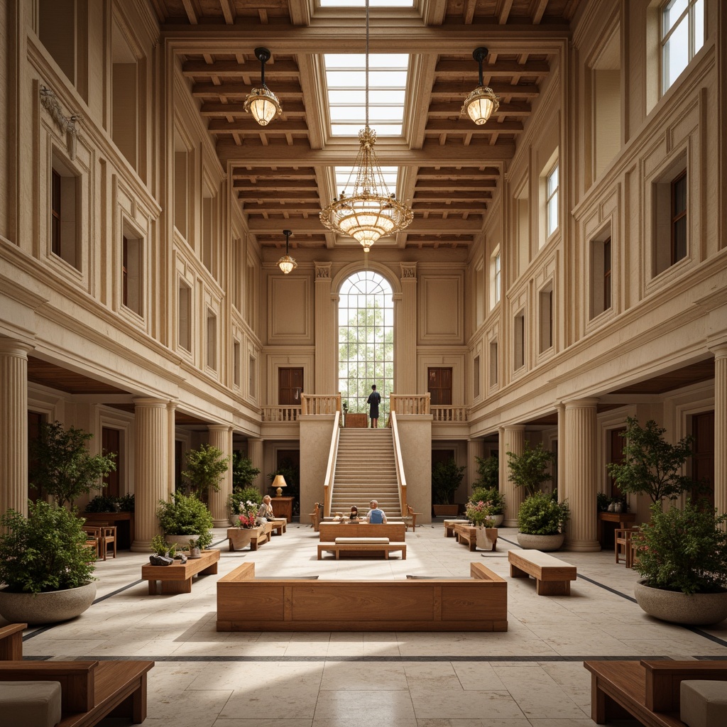 Prompt: Grand courthouse interior, high ceilings, ornate chandeliers, marble floors, wooden benches, elegant staircases, large windows, natural light pouring in, warm beige walls, classic columns, intricate moldings, subtle color palette, soft shadows, 1/1 composition, realistic textures, ambient occlusion.