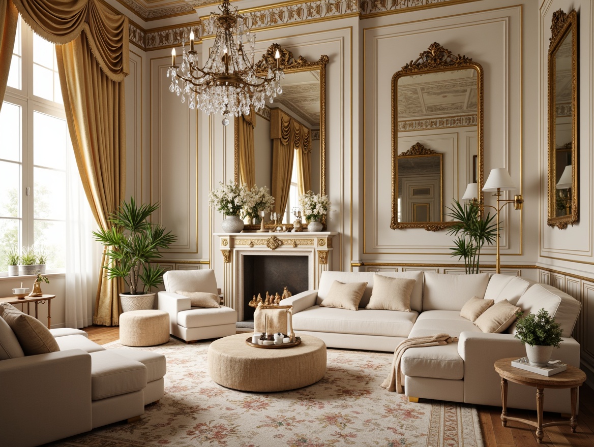 Prompt: Opulent Rococo interiors, soft gold accents, creamy whites, warm beige tones, rich velvety textures, intricate ornate patterns, delicate florals, pastel hues, lavish furnishings, grand chandeliers, ornate mirrors, subtle sheen finishes, dramatic drapery, luxurious fabrics, soft candlelight, 3/4 composition, shallow depth of field, warm color temperature, inviting atmosphere.