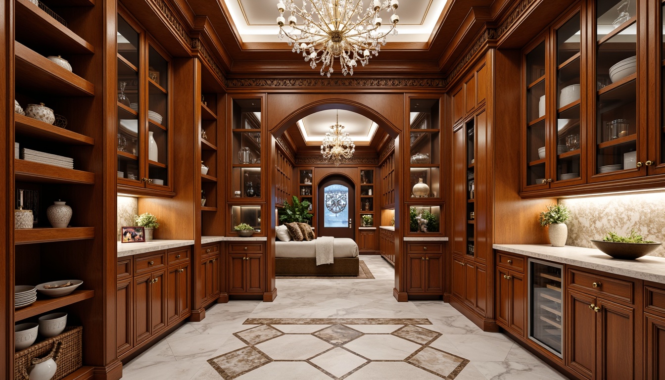 Prompt: Luxurious pantry, Art Deco inspired cabinetry, geometric patterns, metallic accents, ornate hardware, rich wood tones, high-gloss finishes, bold color schemes, glamorous lighting, crystal chandeliers, velvet-textured upholstery, marble countertops, hexagonal tile flooring, elegant crown molding, sophisticated storage solutions, bespoke appliance integration, lavish decorative trim, opulent accessories, dramatic archways, symmetrical composition, 1/1 aspect ratio, softbox lighting, realistic reflections.