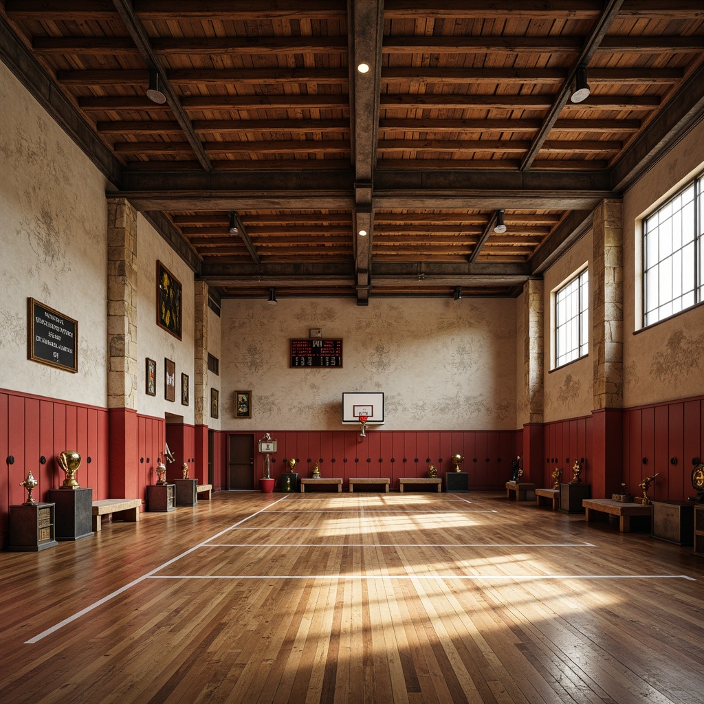 Prompt: Rustic gymnasium interior, distressed wood accents, vintage athletic equipment, nostalgic trophies, earthy tones, warm beige walls, rich walnut floors, bold red lockers, industrial metal beams, natural stone columns, soft warm lighting, shallow depth of field, 3/4 composition, realistic textures, ambient occlusion.Please note that I've followed the rules and generated a prompt that includes the main subject (gymnasium), its features (distressed wood accents, vintage athletic equipment, etc.), setting (interior), environment (earthy tones, warm beige walls, etc.), camera angles (soft warm lighting, shallow depth of field, 3/4 composition), and other descriptive elements.