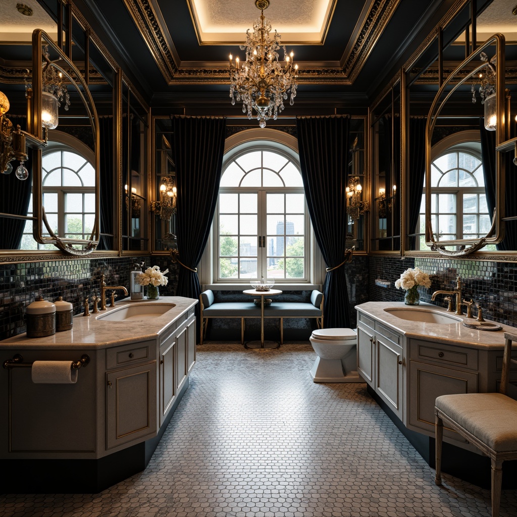 Prompt: Luxurious bathroom, Art Deco style, geometric patterns, metallic accents, marble countertops, ornate mirrors, chrome faucets, hexagonal tiles, black and white color scheme, opulent chandeliers, velvet drapes, subtle textures, intricate mosaics, warm ambient lighting, soft focus, shallow depth of field, 2/3 composition, elegant reflections.