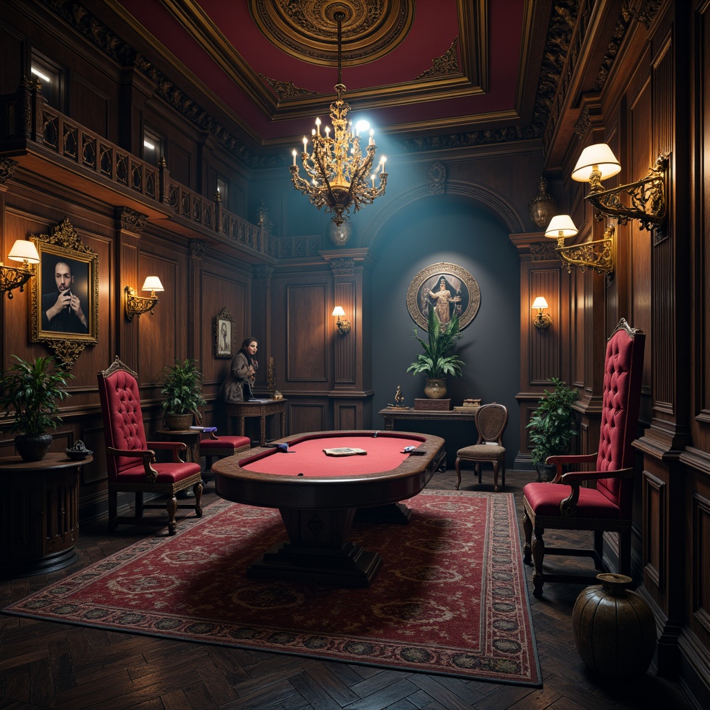 Prompt: Dark, mysterious game room, ornate Gothic furniture, intricate carvings, rich velvet fabrics, grandiose chandeliers, mystical symbols, eerie candlelight, heavy drapery, medieval-inspired decor, mysterious artifacts, ancient tomes, lavish wooden paneling, high-backed chairs, regal thrones, dramatic lighting, foggy atmosphere, misty ambiance, 3/4 composition, cinematic angles, realistic textures, ambient occlusion.