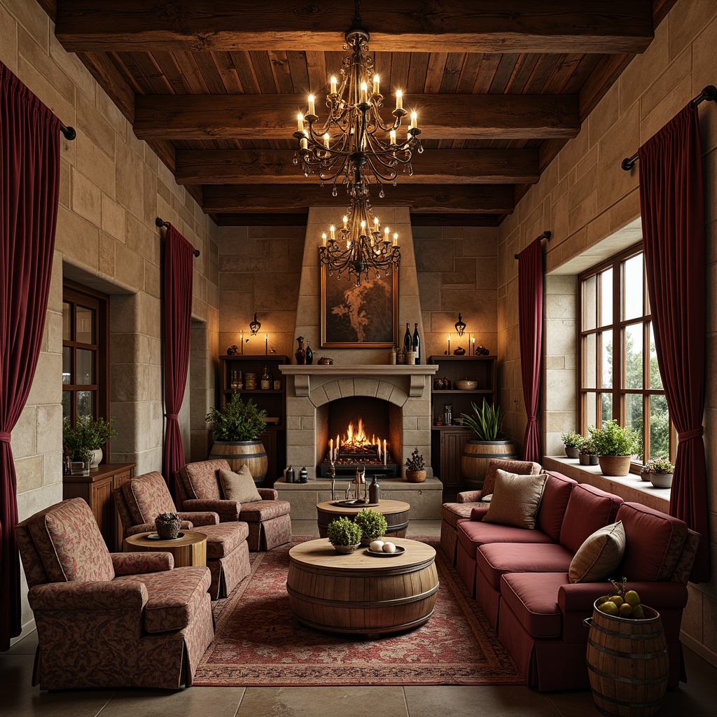 Prompt: Rustic winery interior, renaissance-style decor, distressed wooden beams, stone walls, vintage wine barrels, ornate metal chandeliers, rich velvet drapes, antique furniture pieces, leather-upholstered armchairs, wooden wine crates, elegant crystal glasses, earthy color palette, warm candlelight, soft natural textures, luxurious fabrics, classic European-inspired design elements, refined carvings, intricate moldings, sophisticated ambiance, intimate seating areas, aged stone fireplaces, lavish curtains, opulent furnishings.