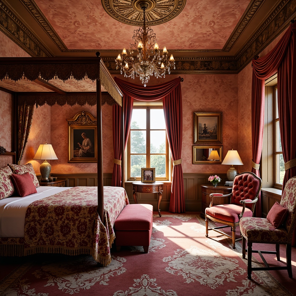 Prompt: Luxurious velvet fabrics, richly patterned brocades, intricate lace trimmings, ornate tassel details, heavy drapery, plush carpeting, warm golden lighting, opulent crystal chandeliers, grandiose four-poster beds, intricately carved wooden furniture, distressed leather upholstery, vintage floral prints, soft peach color palette, cozy reading nooks, lavish window treatments, regal crimson accents, ornamental mirrors, gilded picture frames, 1/1 composition, dramatic shadowing, warm ambient lighting.