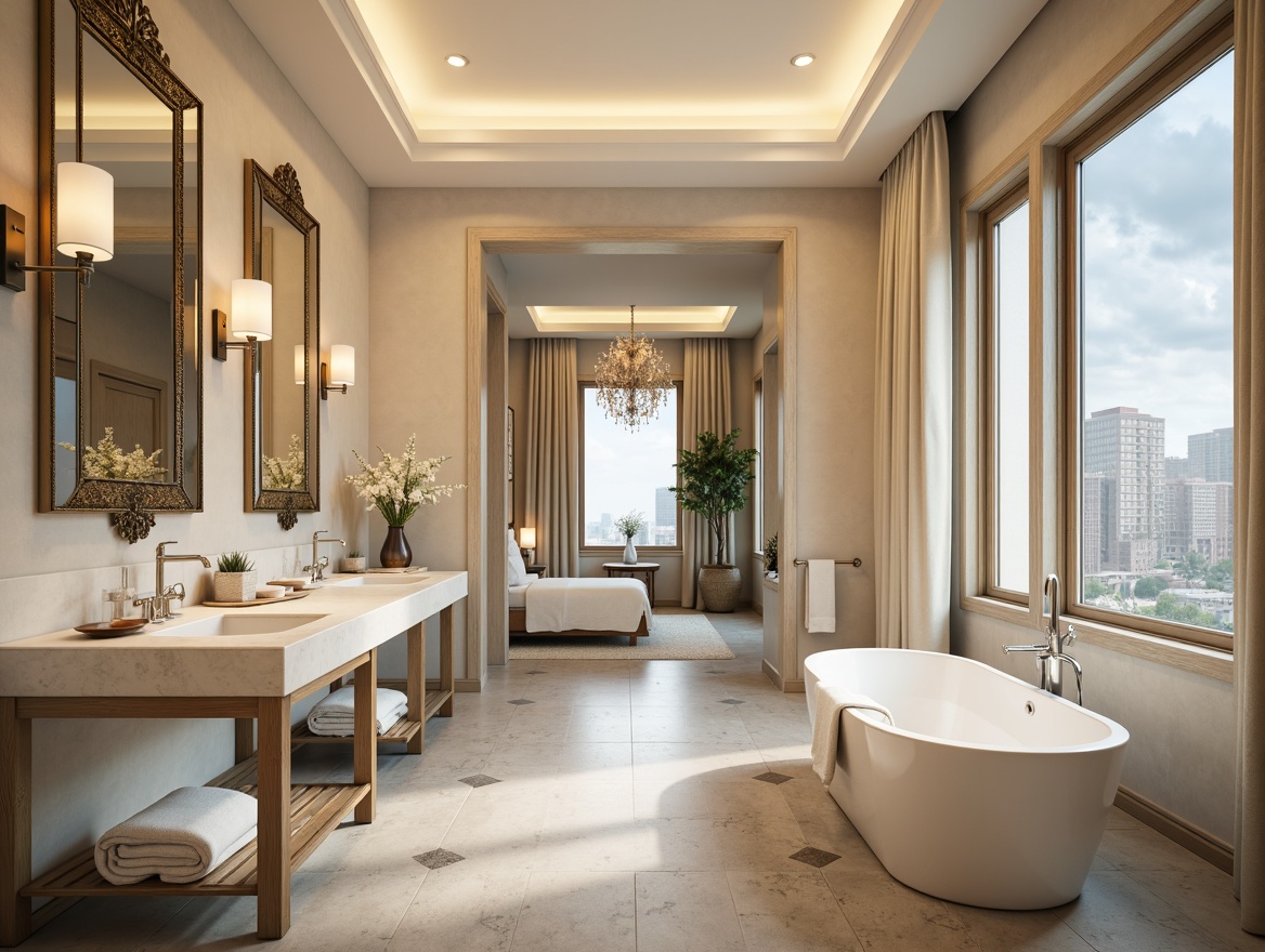 Prompt: Transitional bathroom, creamy white marble countertops, warm beige walls, polished chrome fixtures, elegant freestanding tub, ornate mirrors, lavish LED lighting, subtle gray flooring, spa-inspired ambiance, soft natural daylight, shallow depth of field, 3/4 composition, realistic textures, ambient occlusion.