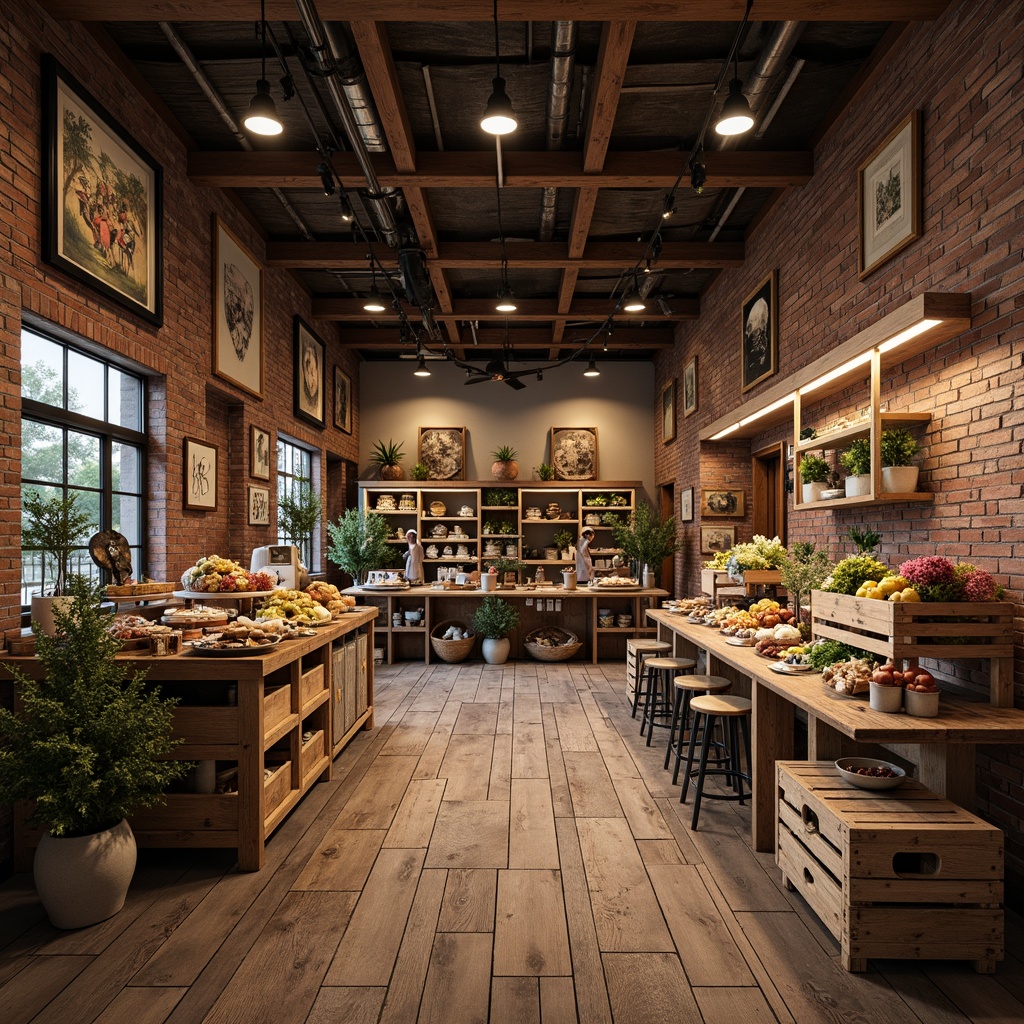 Prompt: Rustic market vernacular style, reclaimed wood flooring, distressed finishes, earthy tones, natural textures, wooden crates, vintage decorations, exposed brick walls, metal accents, industrial lighting, high ceilings, open spaces, urban atmosphere, soft warm lighting, shallow depth of field, 1/2 composition, realistic renderings, ambient occlusion.