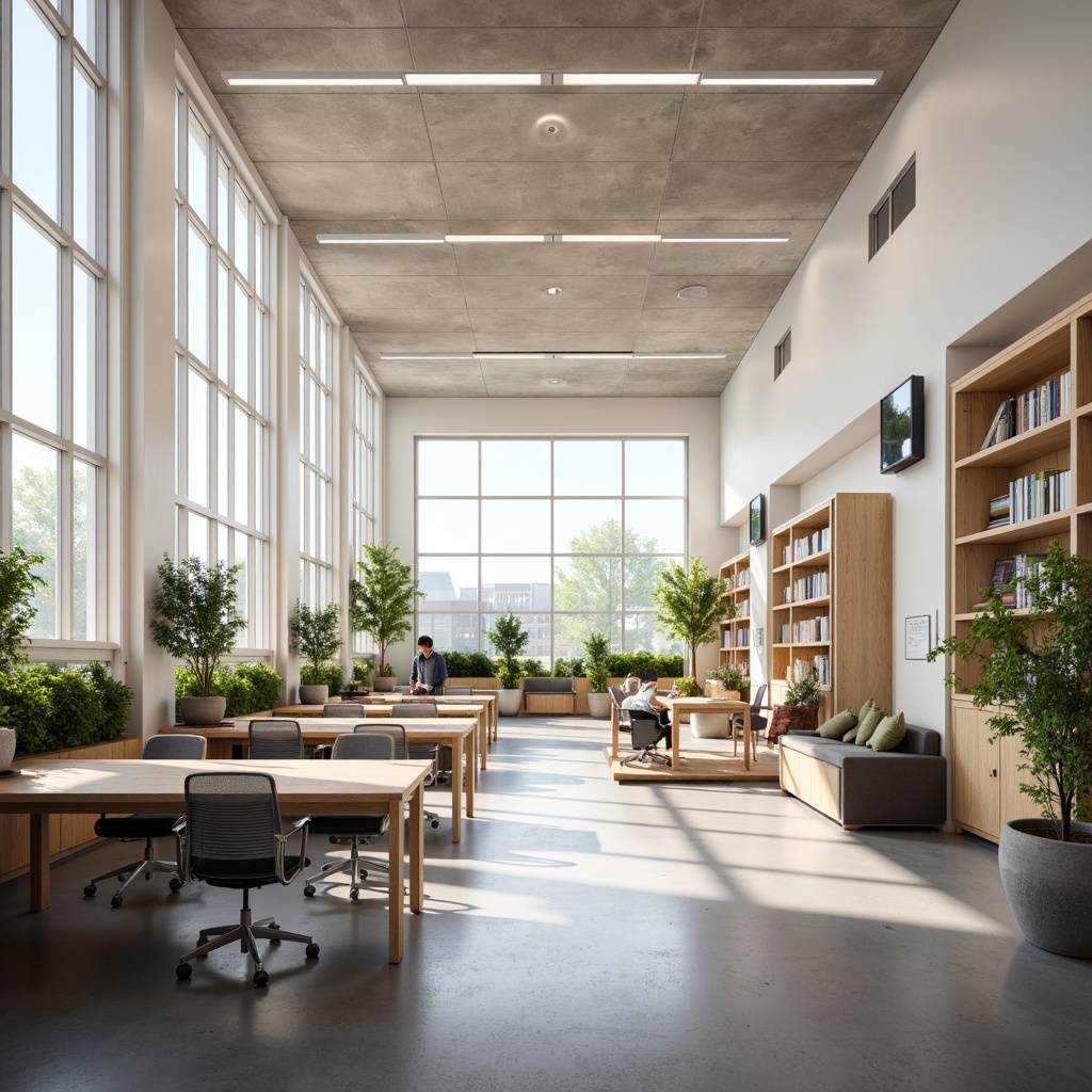 Prompt: Minimalist high school interior, open space concept, sparse furniture, natural light pouring in, polished concrete floors, white walls, minimalist desks, ergonomic chairs, modern LED lighting, industrial-style bookshelves, simple geometric shapes, calming color scheme, abundant greenery, potted plants, sleek wooden accents, subtle texture variations, shallow depth of field, 1/1 composition, soft warm lighting, realistic ambient occlusion.