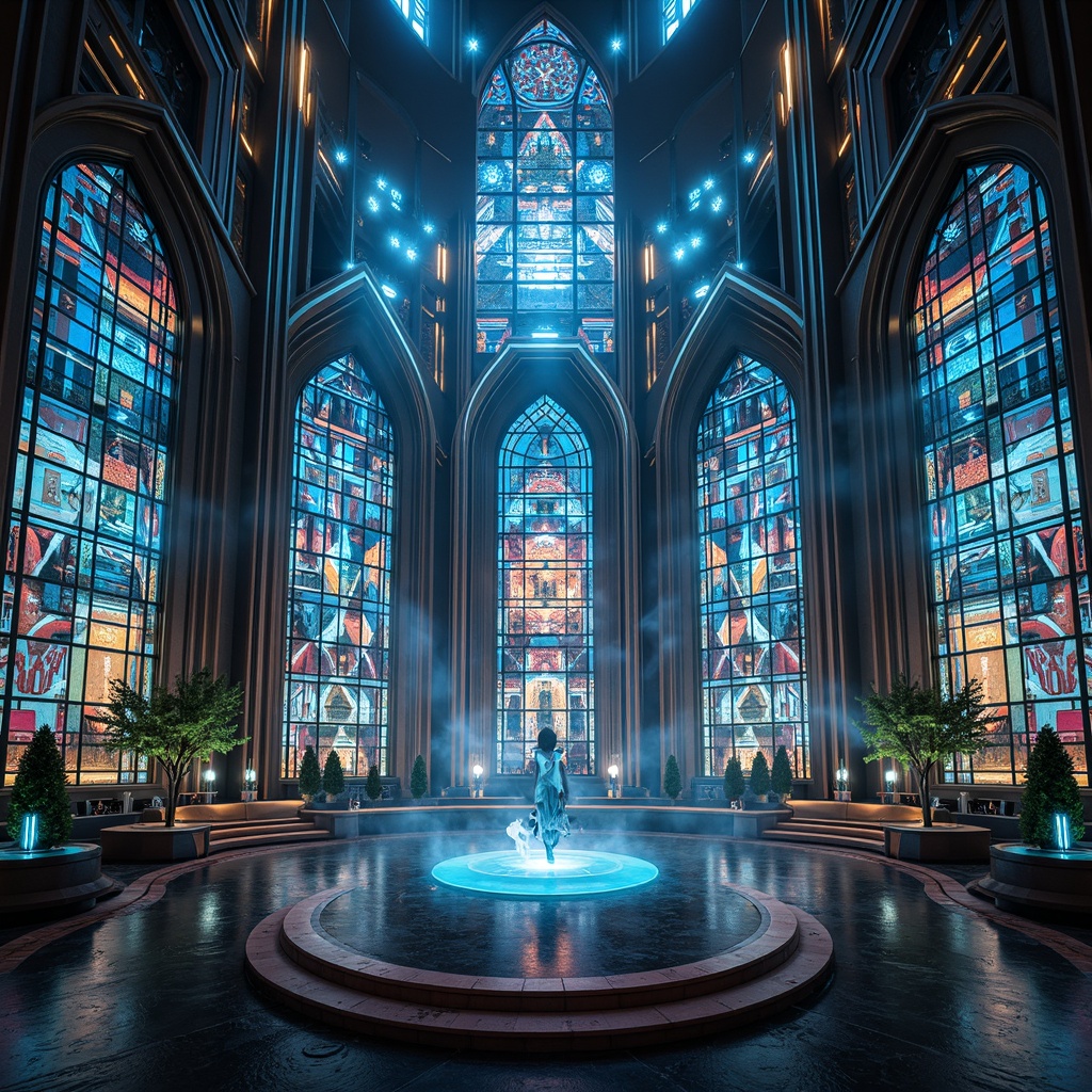 Prompt: Futuristic temple, iridescent stained glass windows, holographic murals, neon-lit altars, metallic facades, mirror-like reflections, luminous orbs, glowing runes, cyberpunk-inspired sculptures, high-tech LED lights, sleek chrome accents, levitating platforms, gravity-defying structures, ethereal mist, atmospheric fog, sacred geometries, ancient mystic symbols, futuristic hieroglyphics, holographic projections, 3D-printed reliefs, shimmering fabrics, luminescent tapestries, ambient occlusion, cinematic lighting, shallow depth of field, panoramic view.