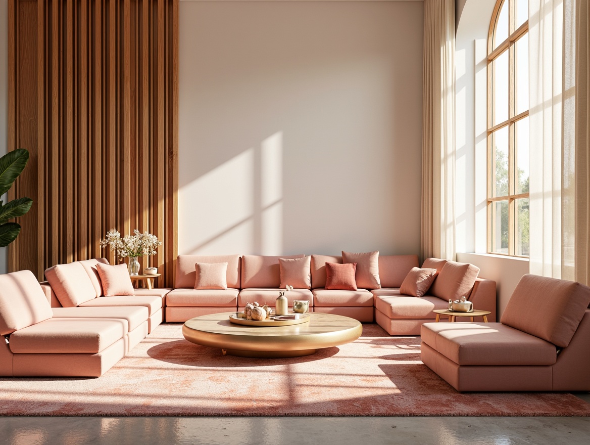 Prompt: Vibrant modern interior, pastel hues, soft peach tones, creamy whites, rich wood accents, metallic gold details, velvet textiles, plush furnishings, natural light pouring in, sheer curtains filtering sunbeams, warm atmosphere, inviting ambiance, 1/1 composition, shallow depth of field, realistic textures, ambient occlusion.