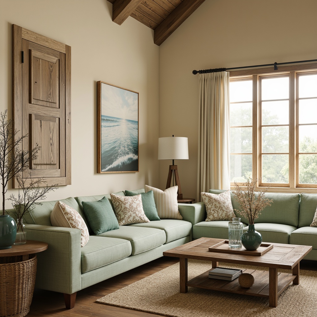 Prompt: Calming coastal living room, soft sandy beige walls, weathered wood accents, driftwood coffee tables, plush seafoam green sofas, coral-inspired decorative pillows, ocean-blue glass vases, natural jute rugs, woven seagrass baskets, distressed wooden shutters, warm golden lighting, soft focus, shallow depth of field, 1/1 composition, serene atmosphere, realistic textures, ambient occlusion.