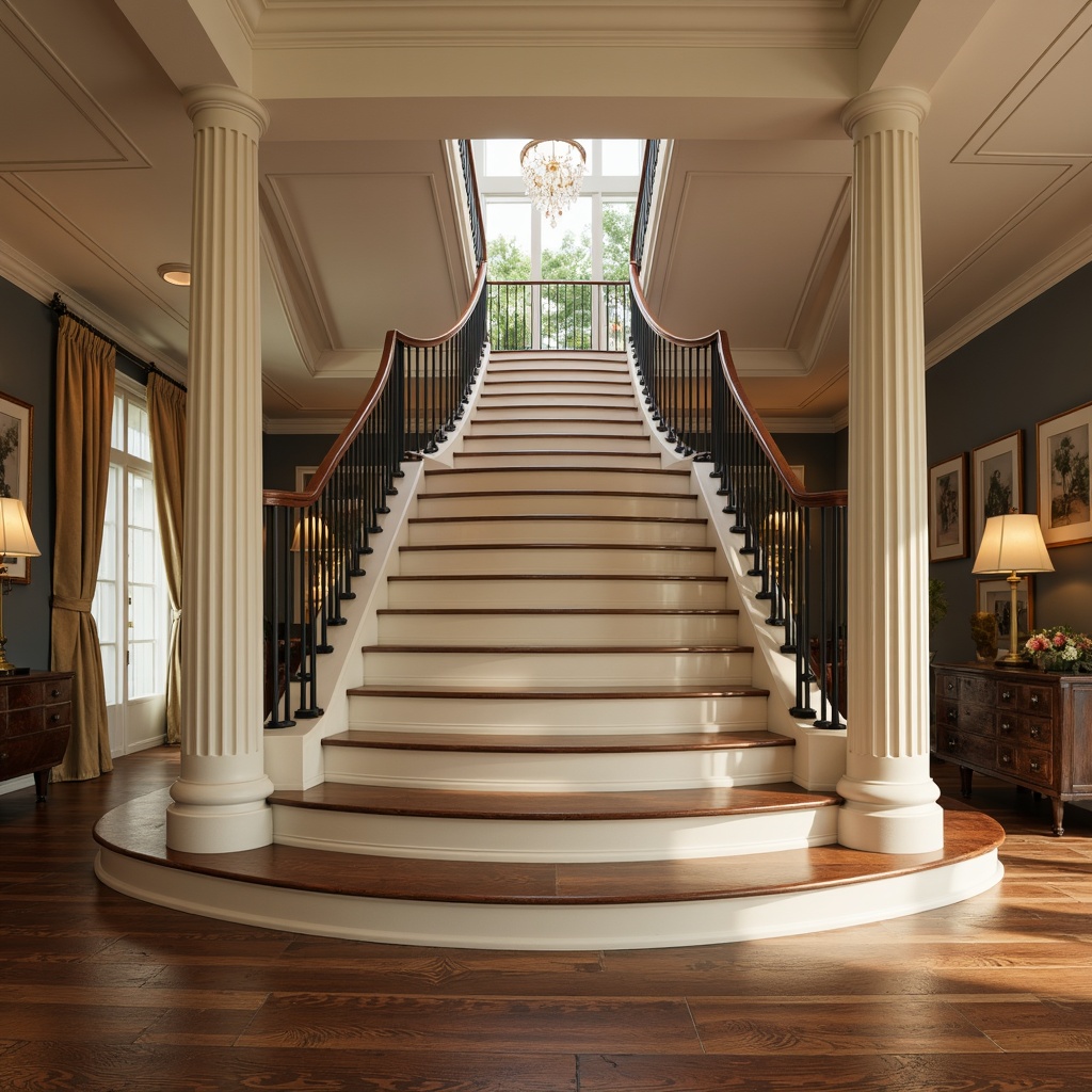 Prompt: Elegant staircase design, luxurious wood tones, rich walnut flooring, creamy white banisters, subtle metallic accents, soft warm lighting, atmospheric shadows, 1/2 composition, medium shot, realistic textures, ambient occlusion, ornate newel posts, flowing curves, sophisticated color scheme, harmonious hues, earthy brown undertones, neutral beige backgrounds, pops of deep blue, rich gold highlights.