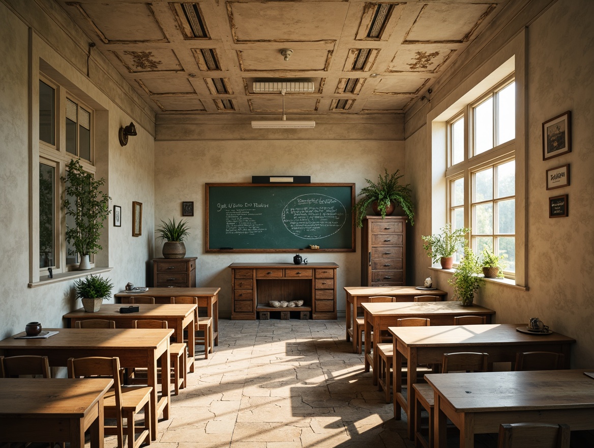 Prompt: Rustic educational institution, distressed wood accents, vintage chalkboards, soft pastel hues, creamy whites, warm beige tones, faded florals, distressed metal fixtures, antique furniture pieces, natural textiles, earthy tones, soft golden lighting, shallow depth of field, 3/4 composition, panoramic view, realistic textures, ambient occlusion.