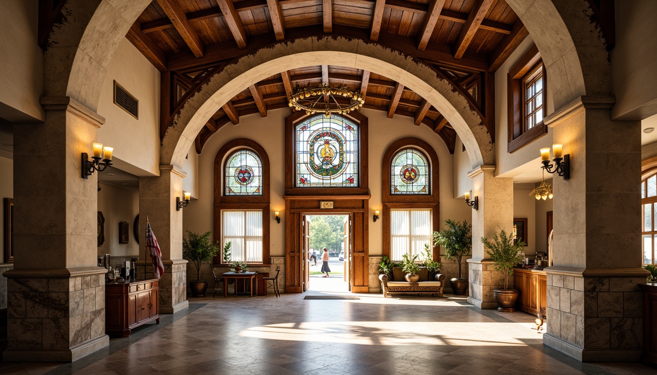 Prompt: Historic courthouse building, eclectic architectural style, grand entrance, ornate details, limestone facade, granite columns, stained glass windows, wooden accents, rich wood tones, high ceilings, decorative moldings, intricate carvings, vintage furniture pieces, warm beige walls, polished marble floors, brass hardware, ornamental chandeliers, natural light pouring in, soft warm glow, shallow depth of field, 1/2 composition, symmetrical framing, realistic textures, ambient occlusion.