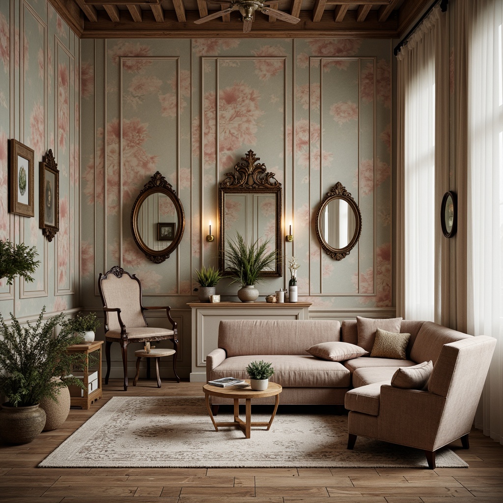 Prompt: Distressed wood panels, vintage-inspired wallpaper, soft pastel hues, rustic stone textures, delicate lace patterns, ornate mirrors, antique furniture pieces, velvet upholstery, linen drapes, floral arrangements, natural fiber rugs, warm candlelight, gentle shadows, 1/2 composition, shallow depth of field, romantic ambiance.