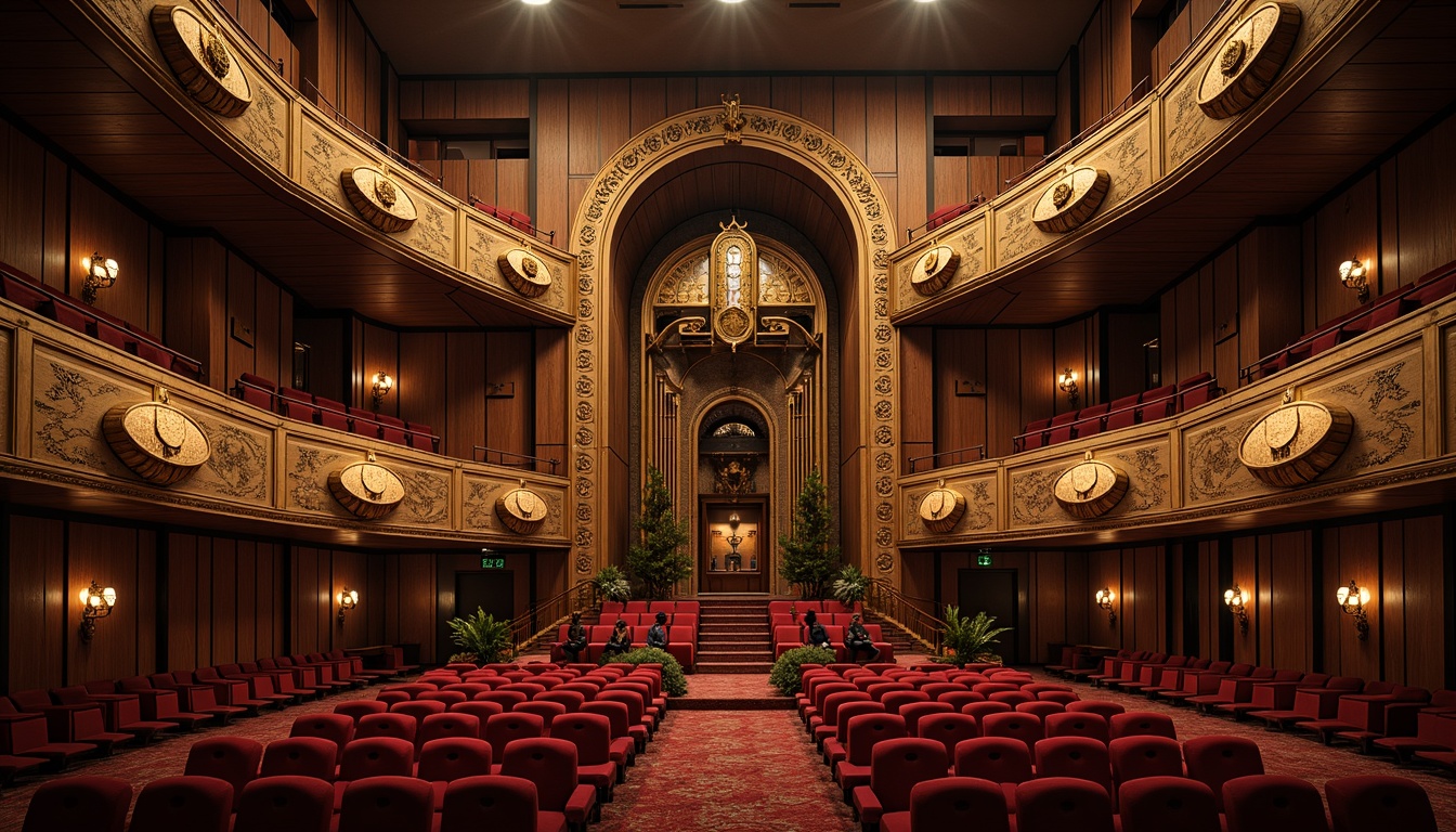 Prompt: Undulating curves, ornate metalwork, flowing organic shapes, grand amphitheater seating, luxurious velvet fabrics, rich wood paneling, intricate stonework, sweeping archways, ornamental railings, subtle golden accents, warm atmospheric lighting, dramatic spotlights, 3/4 composition, shallow depth of field, panoramic view, realistic textures, ambient occlusion.