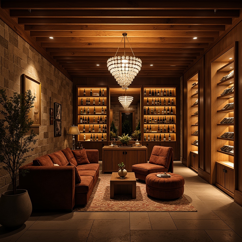 Prompt: Luxurious wine cellar, rich wood tones, dimmable LED strips, warm ambient glow, crystal chandeliers, recessed ceiling lights, subtle floor illumination, premium glass shelving, temperature-controlled storage, vintage wine barrels, rustic stone walls, intimate seating areas, soft velvety textures, dramatic color contrasts, low-lit cozy atmosphere, 1/2 composition, shallow depth of field, warm golden lighting, realistic reflections.