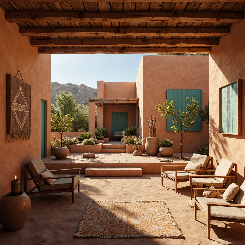 Prompt: Warm desert landscape, adobe architecture, earthy terracotta walls, vibrant turquoise accents, sandy beige floors, rustic wooden furniture, woven textiles, geometric patterns, Native American-inspired motifs, natural linen fabrics, distressed leather upholstery, warm candlelight, soft afternoon sunbeams, shallow depth of field, 1/1 composition, panoramic view, realistic textures, ambient occlusion.