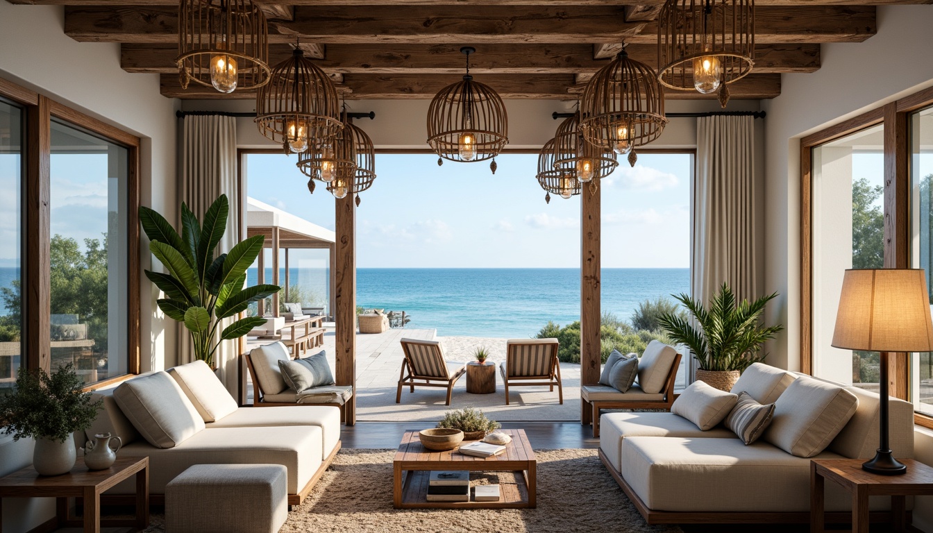 Prompt: Rustic coastal cottage, distressed wood accents, nautical ropes, driftwood chandeliers, pendant lanterns, glass jar pendants, woven rattan shades, natural linen textures, sea salt air, ocean views, sandy dunes, beachy vibe, warm soft lighting, table lamps with shells, floor lamps with wicker shades, string lights with glass beads, ambient glow, coastal color palette, blue and white hues, weathered wood tones, 1/2 composition, shallow depth of field, realistic textures.