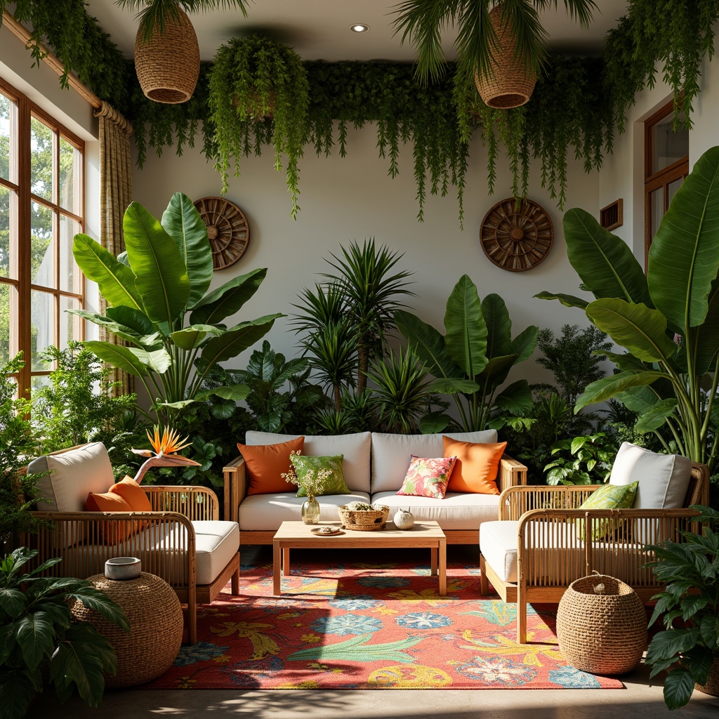 Prompt: Vibrant tropical living room, lush greenery, exotic plants, rattan furniture, natural wicker textures, bright colorful pillows, bold patterned rugs, wooden accents, bamboo decorations, palm trees, ferns, peace lilies, bird of paradise flowers, warm sunny lighting, shallow depth of field, 3/4 composition, realistic plant textures, ambient occlusion.