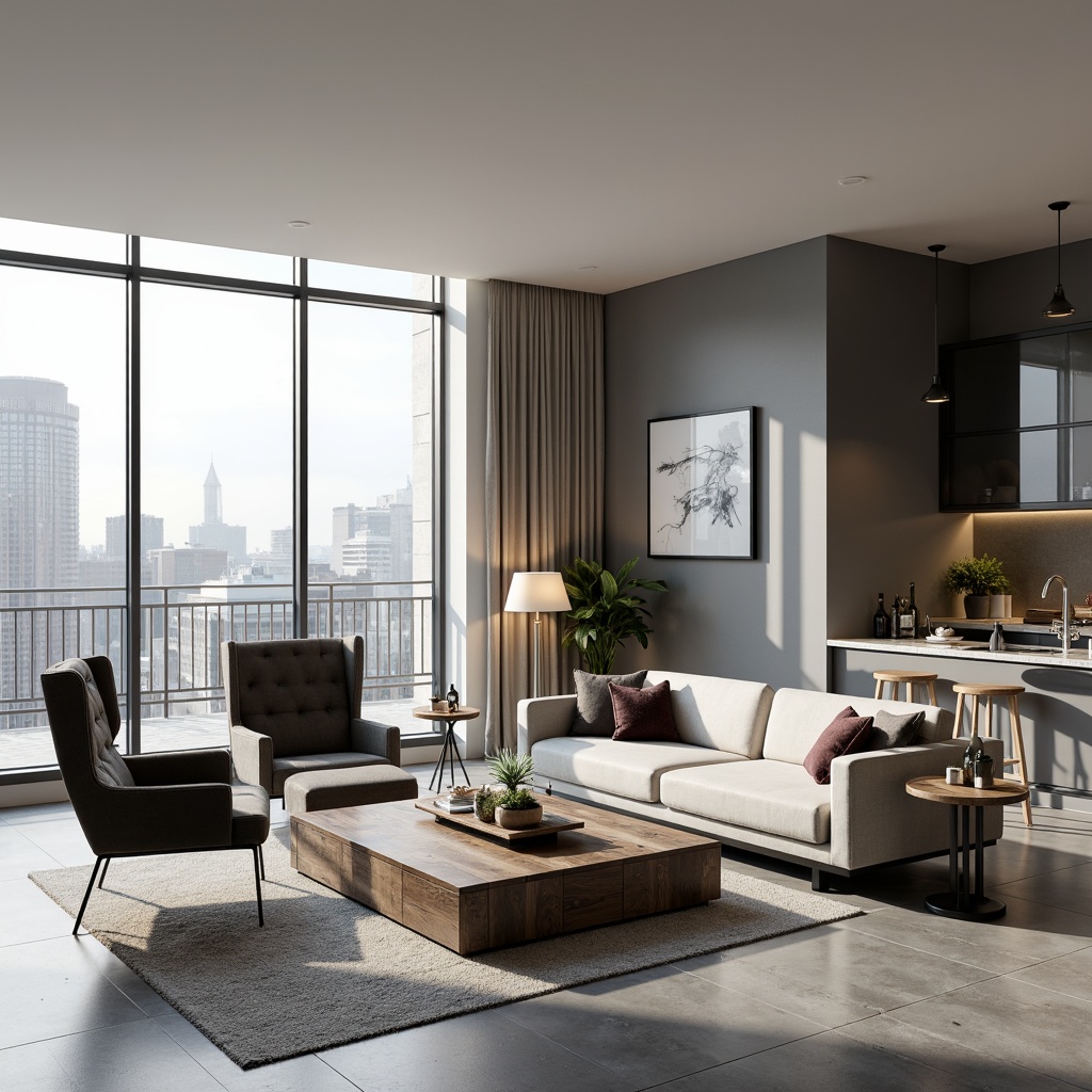 Prompt: Modern apartment interior, minimalist decor, sleek lines, monochromatic color scheme, low-profile furniture, tufted sofas, geometric-shaped coffee tables, metal-legged chairs, minimalist lamps, industrial-chic lighting fixtures, reclaimed wood accents, polished concrete floors, floor-to-ceiling windows, cityscape views, natural textiles, velvet throw pillows, marble countertops, stainless steel appliances, hidden storage compartments, 1/2 composition, softbox lighting, realistic reflections.