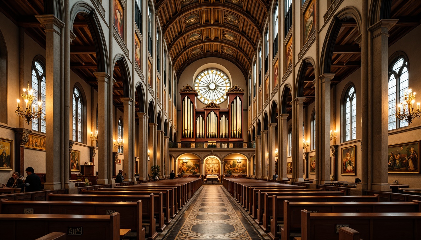 Prompt: Intricate stone carvings, ornate Gothic arches, stained glass windows, vibrant religious murals, grandiose pipe organs, polished wooden pews, intricate mosaic flooring, majestic altar decorations, solemn candlelight, warm golden lighting, shallow depth of field, 1/2 composition, symmetrical framing, realistic textures, ambient occlusion.