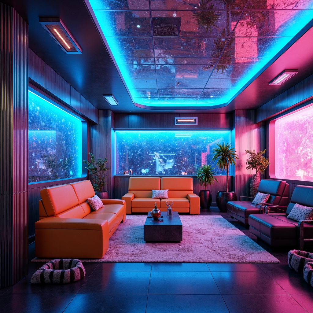 Prompt: Neon-lit futuristic interior, iridescent metallic accents, holographic patterns, luminescent ceilings, electric blue walls, vibrant orange furniture, sleek chrome fixtures, minimalist decor, retro-futuristic vibes, 3D-printed decorations, glowing LED lights, ambient futuristic soundtrack, shallow depth of field, 1/1 composition, cinematic lighting, realistic reflections, sci-fi inspired textures.