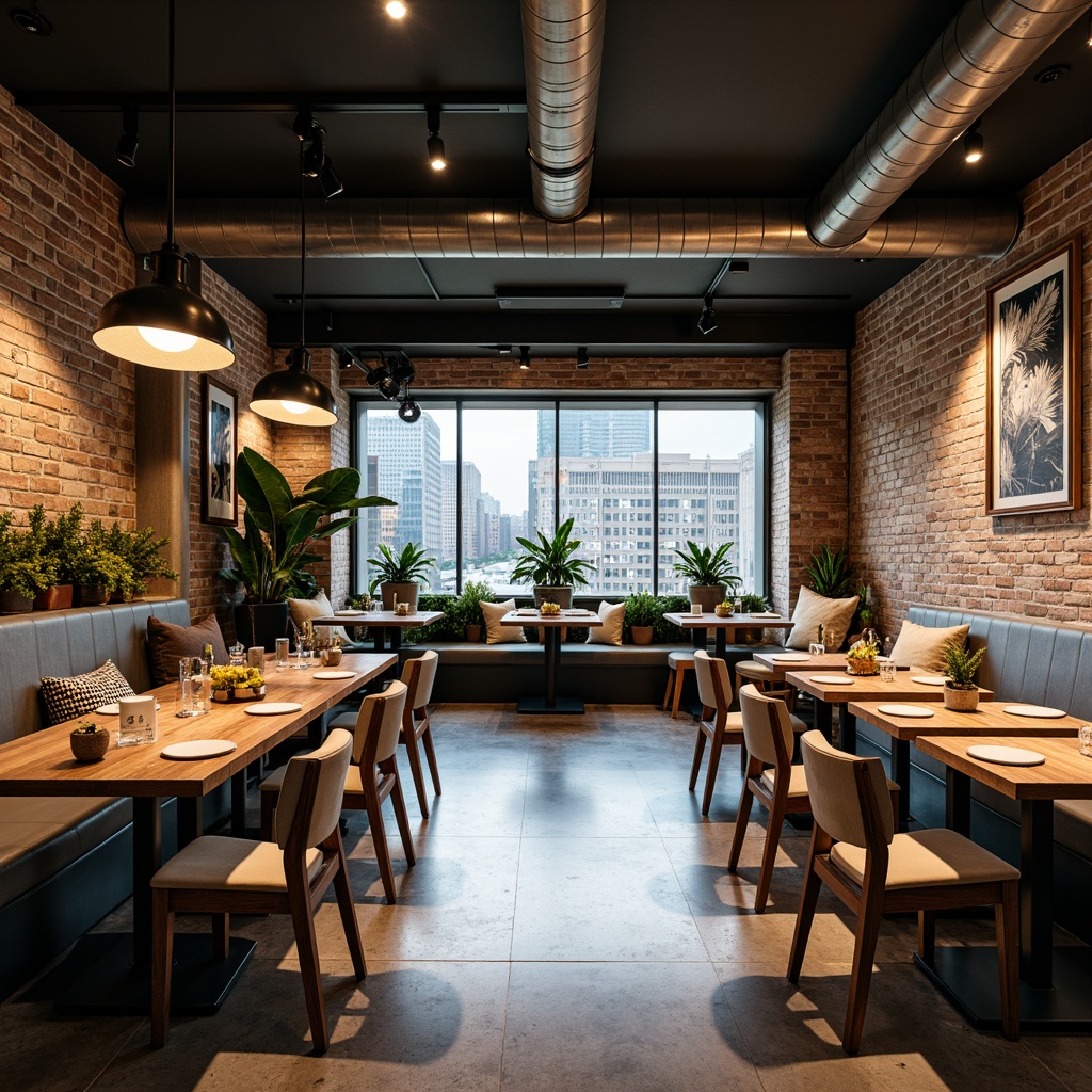 Prompt: Modern restaurant interior, minimalist decor, sleek wooden tables, comfortable cushioned chairs, metal legs, industrial-chic lighting fixtures, exposed brick walls, polished concrete floors, greenery accents, potted plants, natural textiles, geometric patterns, bold color schemes, eclectic artwork, floor-to-ceiling windows, urban cityscape views, warm atmospheric lighting, shallow depth of field, 1/2 composition, realistic reflections, ambient occlusion.