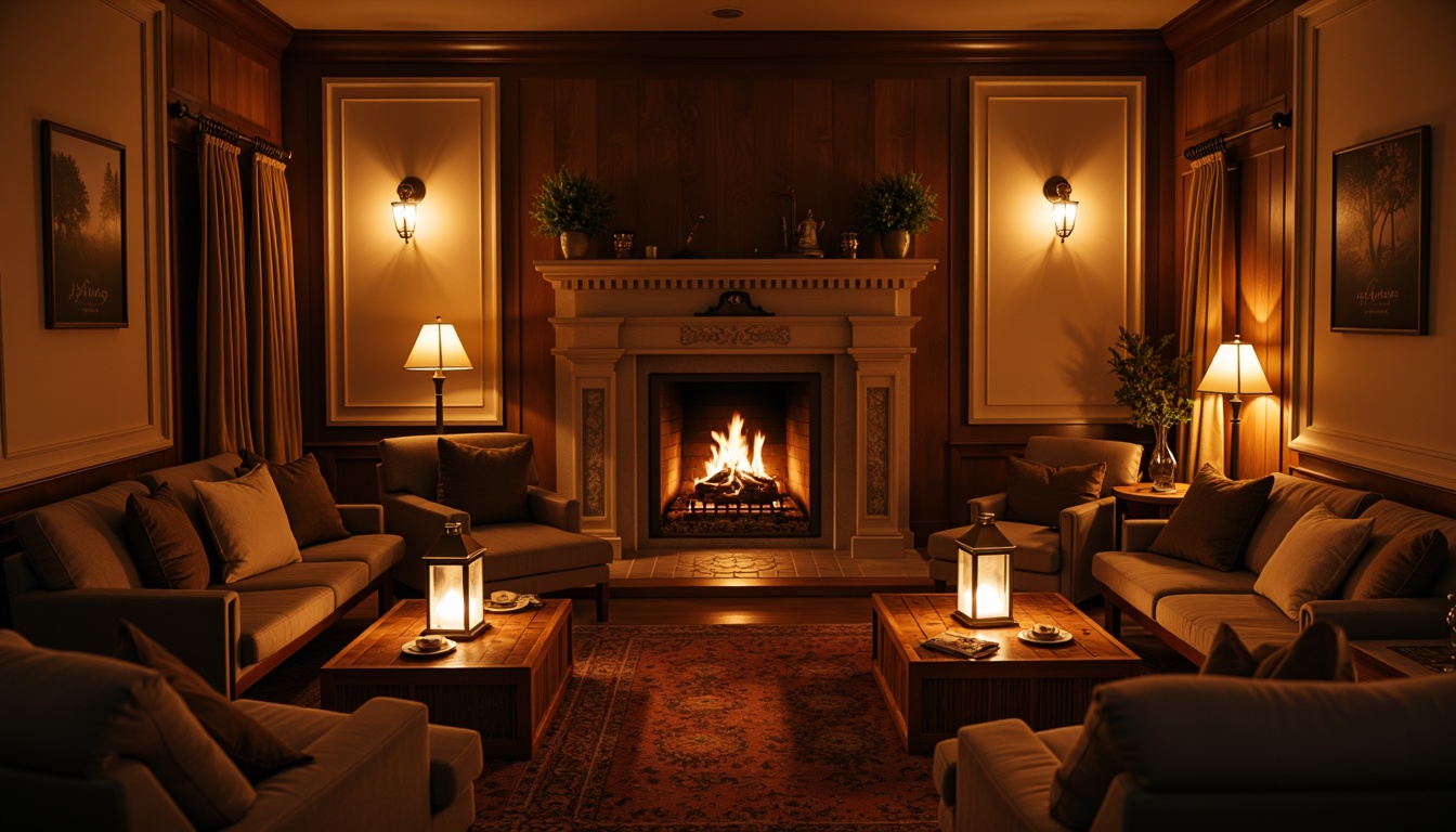 Prompt: Warm ambient lighting, soft glowing lanterns, candlelit tables, rustic wooden accents, plush velvet drapes, comfortable sofas, crackling fireplace, warm beige walls, inviting throw blankets, subtle floor lamps, warm color tones, golden hour lighting, shallow depth of field, 1/2 composition, romantic ambiance, relaxing atmosphere, calming mood.