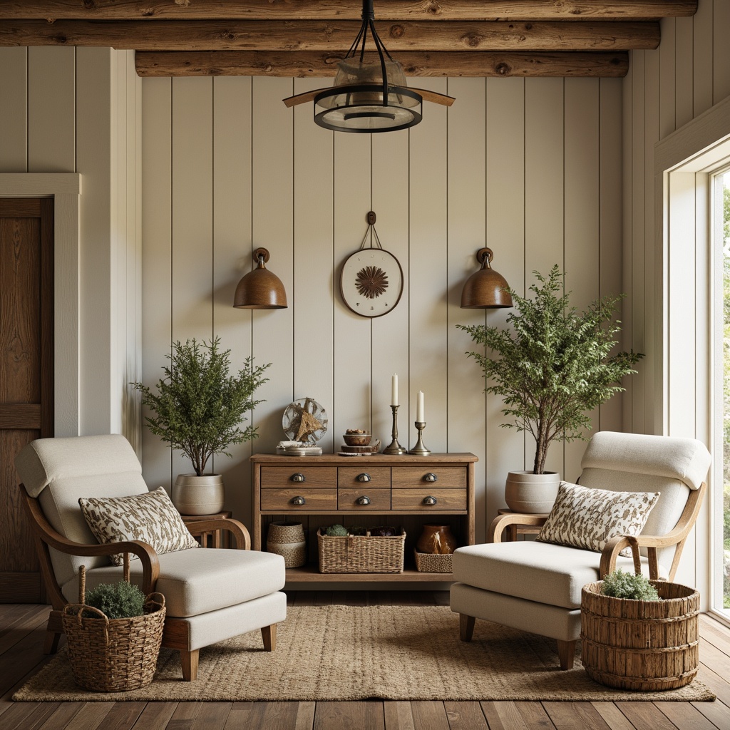 Prompt: Rustic farmhouse, vintage decor, earthy tones, warm beige walls, distressed wood accents, soft sage greenery, natural linen upholstery, woven baskets, galvanized metal fixtures, reclaimed wooden floors, creamy white shiplap, cozy candlelight, shallow depth of field, 1/1 composition, intimate atmosphere, realistic textures.