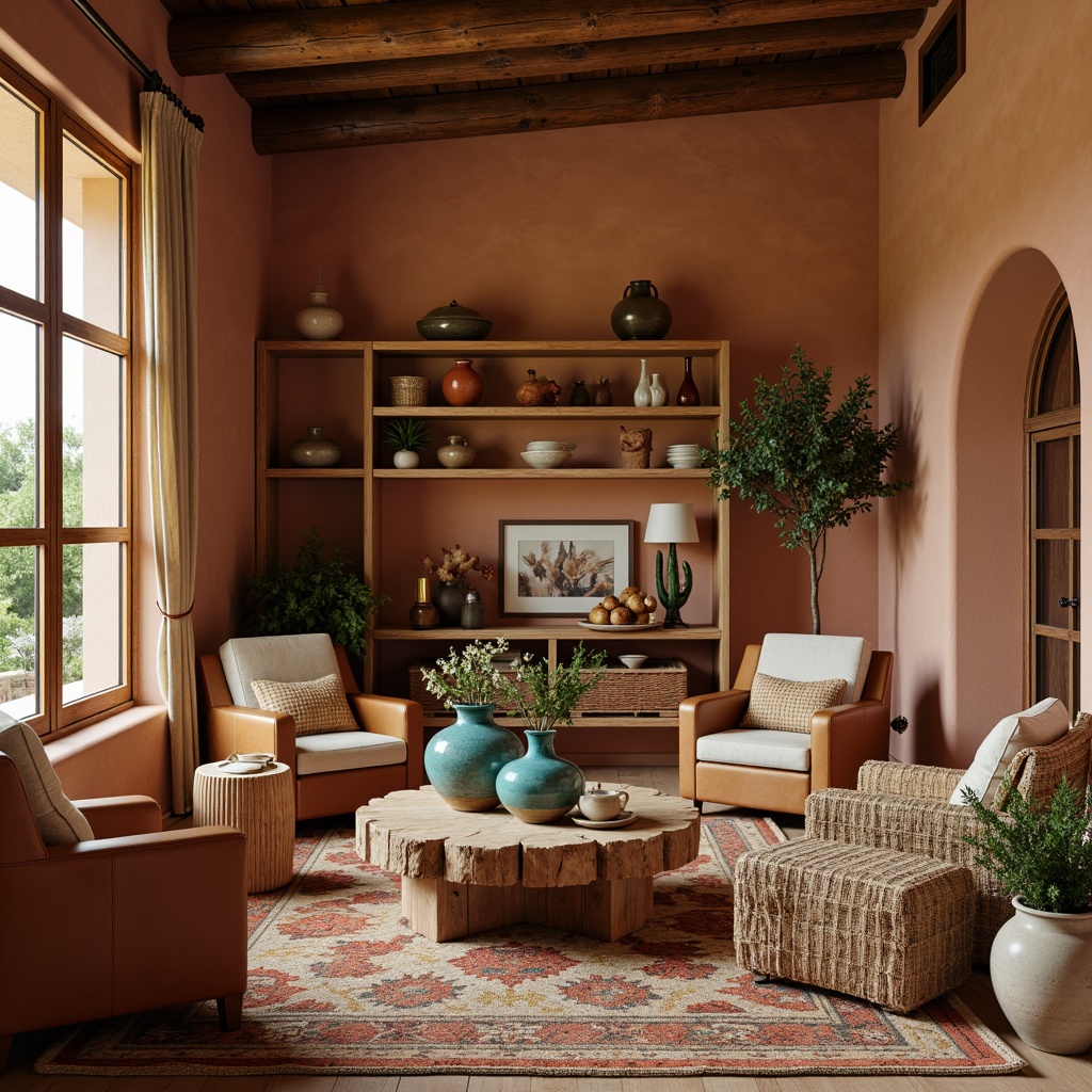 Prompt: Warm adobe-style walls, rustic wooden accents, woven natural fibers, plush southwestern-patterned rugs, earthy-toned leather armchairs, chunky wooden coffee tables, vibrant turquoise vases, desert-inspired cacti planters, warm candlelight, soft blankets, cozy throw pillows, reclaimed wood shelving units, terracotta pottery, hand-carved wooden decorations, natural linen drapes, woven rattan furniture, warm bronze metal accents, soft ambient lighting, shallow depth of field, 3/4 composition, realistic textures, ambient occlusion.