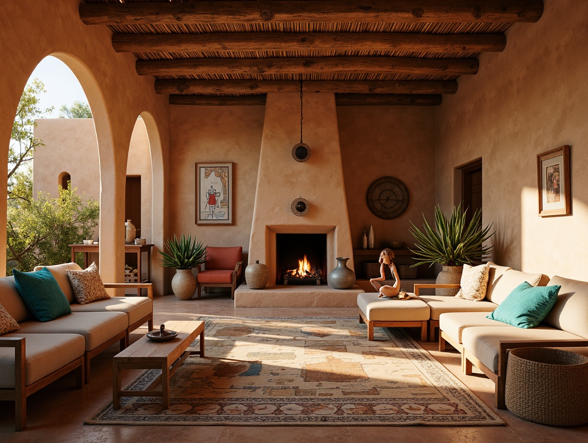 Prompt: Earthy-toned adobe walls, plush woven textiles, vibrant turquoise accents, rustic wooden furniture, woven baskets, patterned Navajo rugs, warm golden lighting, cozy fireplace, natural stone features, earthy pottery vases, desert-inspired botanicals, cactus plants, sun-kissed day, soft warm ambiance, shallow depth of field, 3/4 composition, realistic textures, ambient occlusion.