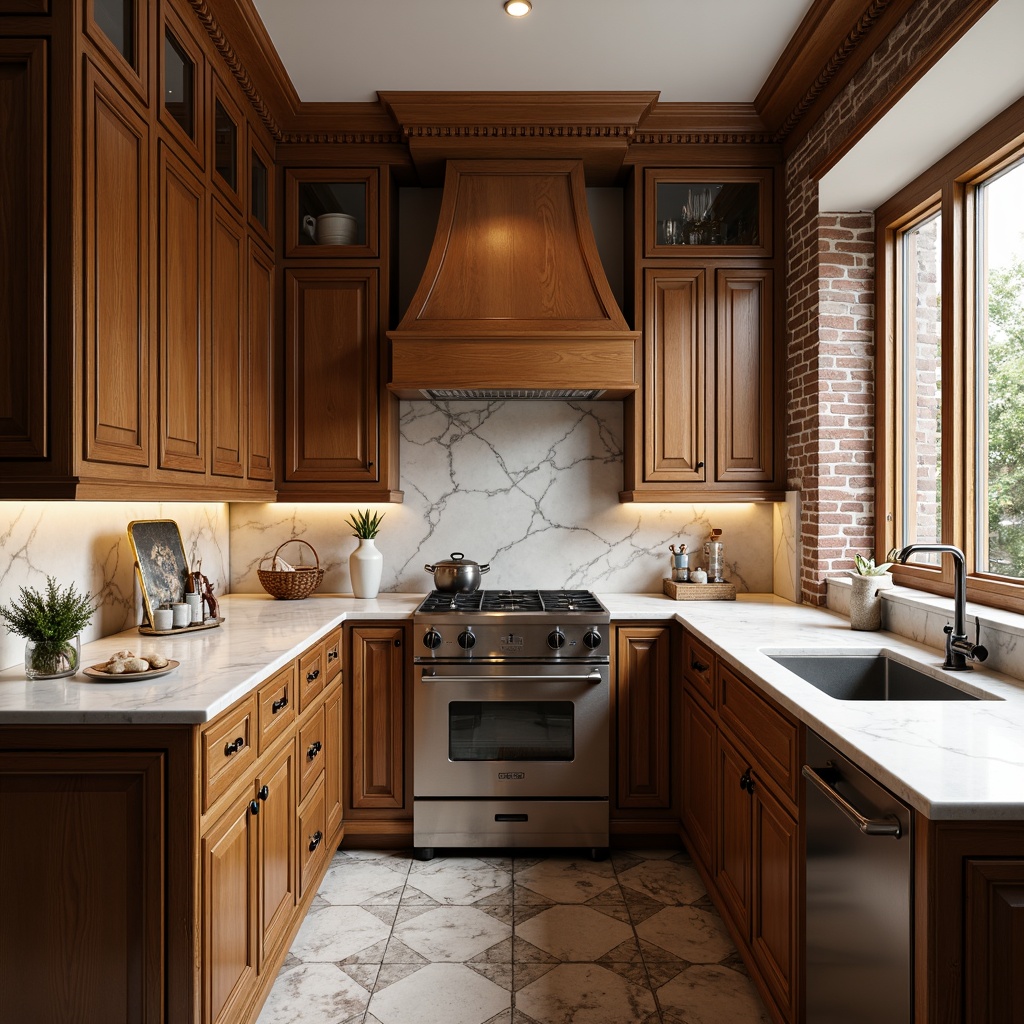 Prompt: \Elegant kitchen, warm wooden cabinets, classic white countertops, sophisticated marble backsplashes, ornate metal fixtures, vintage-inspired appliances, rustic brick walls, refined stone flooring, soft ambient lighting, 1/1 composition, shallow depth of field, realistic textures, warm color palette, subtle sheen, traditional academic style.\