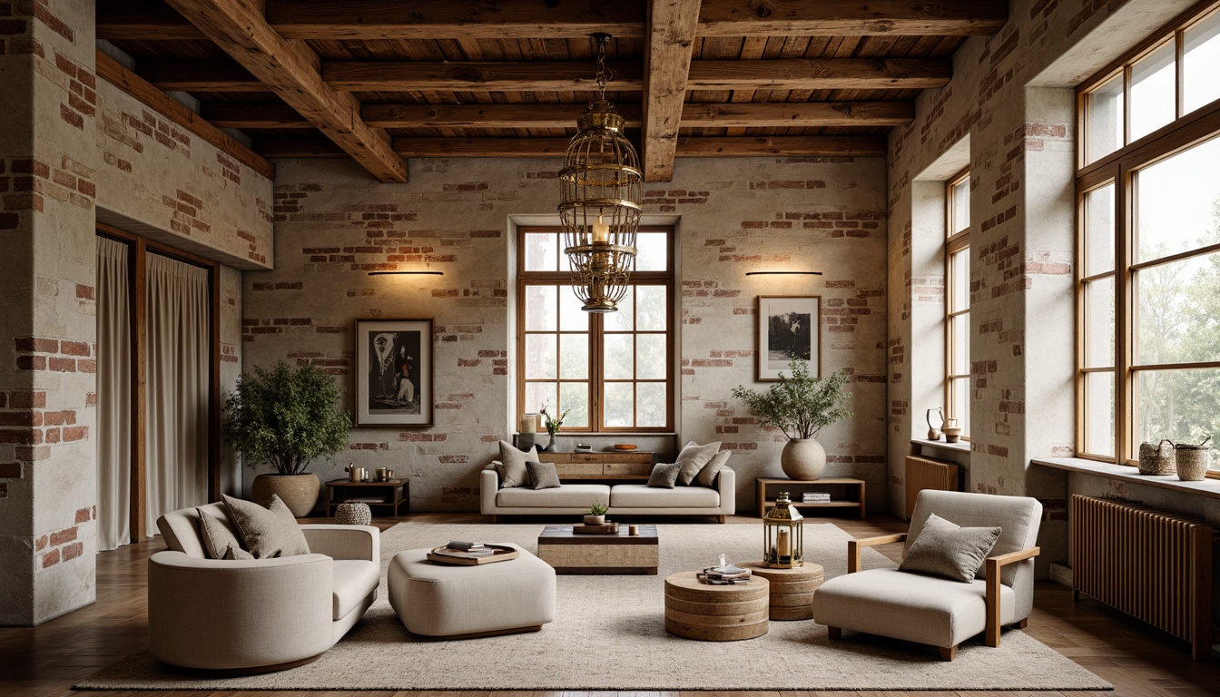 Prompt: Rustic loft interior, distressed wood beams, exposed brick walls, textured stonework, soft warm lighting, natural linen fabrics, vintage metal lanterns, reclaimed wood furniture, earthy color palette, cozy reading nooks, plush area rugs, wooden floorboards, decorative wrought iron railings, French country-inspired accents, ornate metalwork details, subtle rustic patina, warm beige tones, 3/4 composition, shallow depth of field, soft focus background.