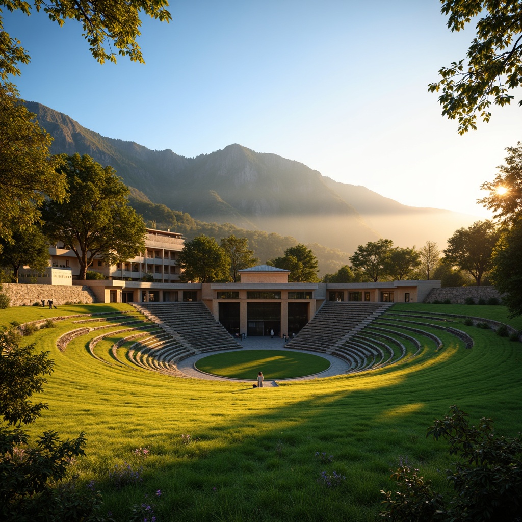 Prompt: Vibrant amphitheater, lush green grass, terraced seating, curved architecture, warm golden lighting, sunset hues, natural stone walls, wooden accents, earthy tones, majestic mountains, clear blue sky, airy atmosphere, soft misting, shallow depth of field, 3/4 composition, panoramic view, realistic textures, ambient occlusion.