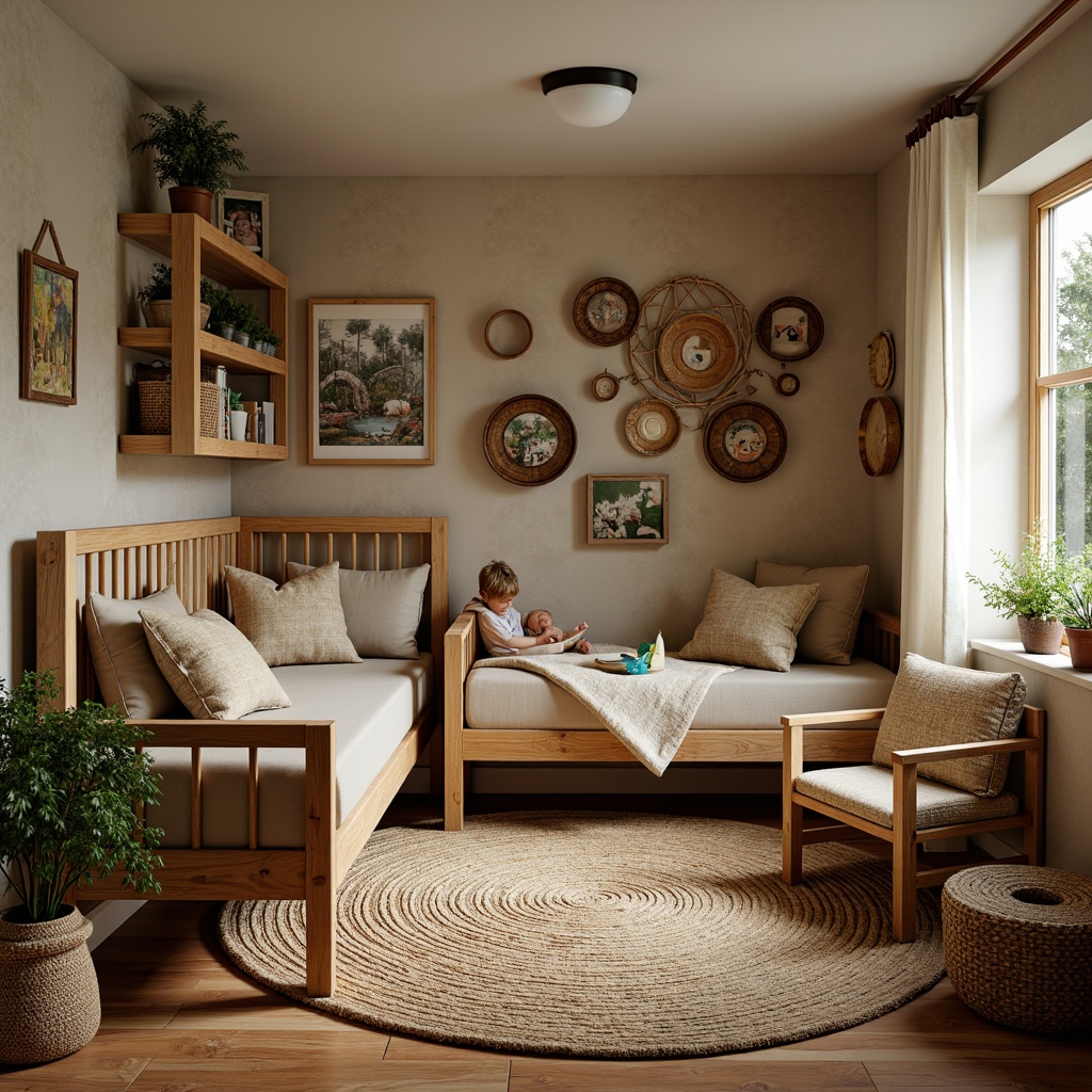 Prompt: Cozy kids' bedroom, rustic wooden furniture, vintage decorative items, earthy tone color palette, natural fiber rugs, woven baskets, distressed wood accents, soft warm lighting, plush toys, whimsical artwork, nature-inspired wallpaper, reclaimed wood shelves, comfortable reading nook, greenery-filled planters, warm beige curtains, 3/4 composition, shallow depth of field, realistic textures.