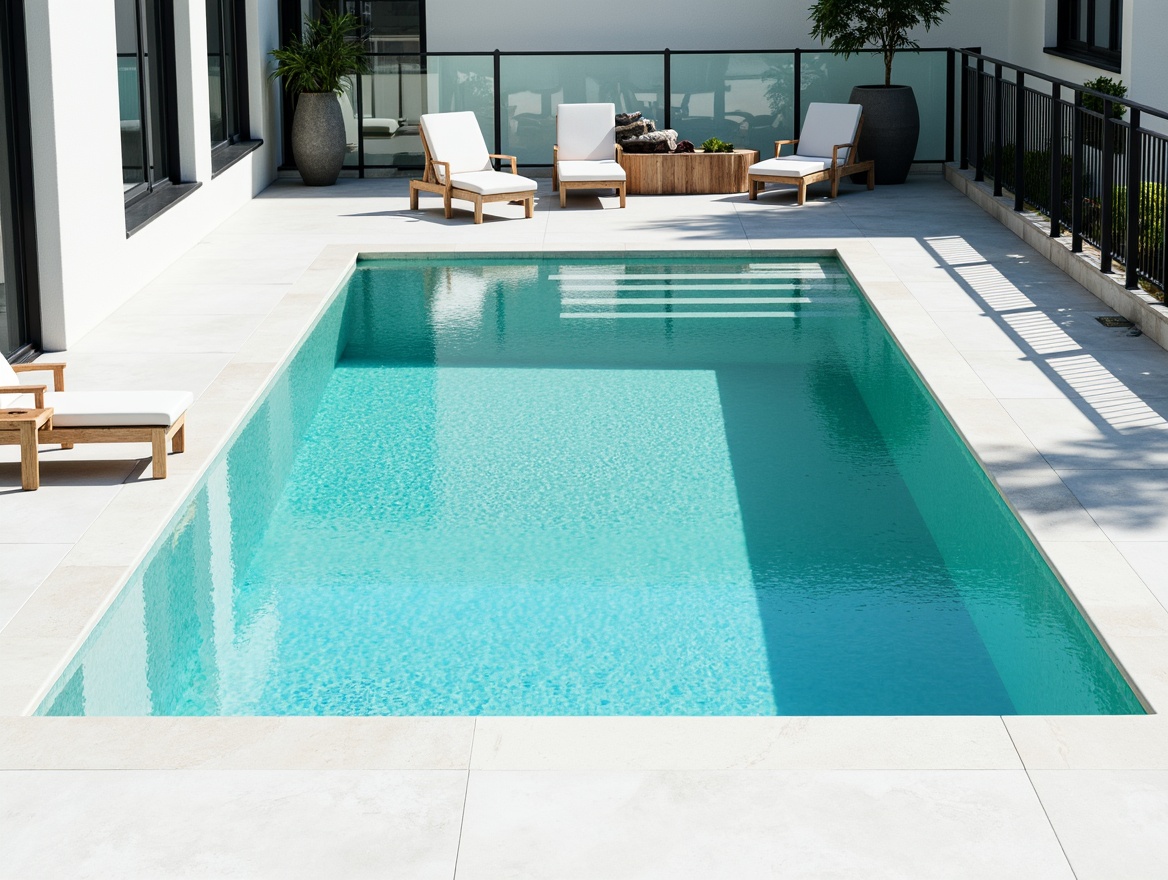 Prompt: Rectangular swimming pool, clean lines, minimal ornamentation, functional design, pure white surfaces, bold black accents, geometric shapes, industrial materials, steel railings, glass fencing, turquoise water, sunny day, high contrast lighting, shallow depth of field, 1/1 composition, symmetrical framing, abstract textures, ambient occlusion.