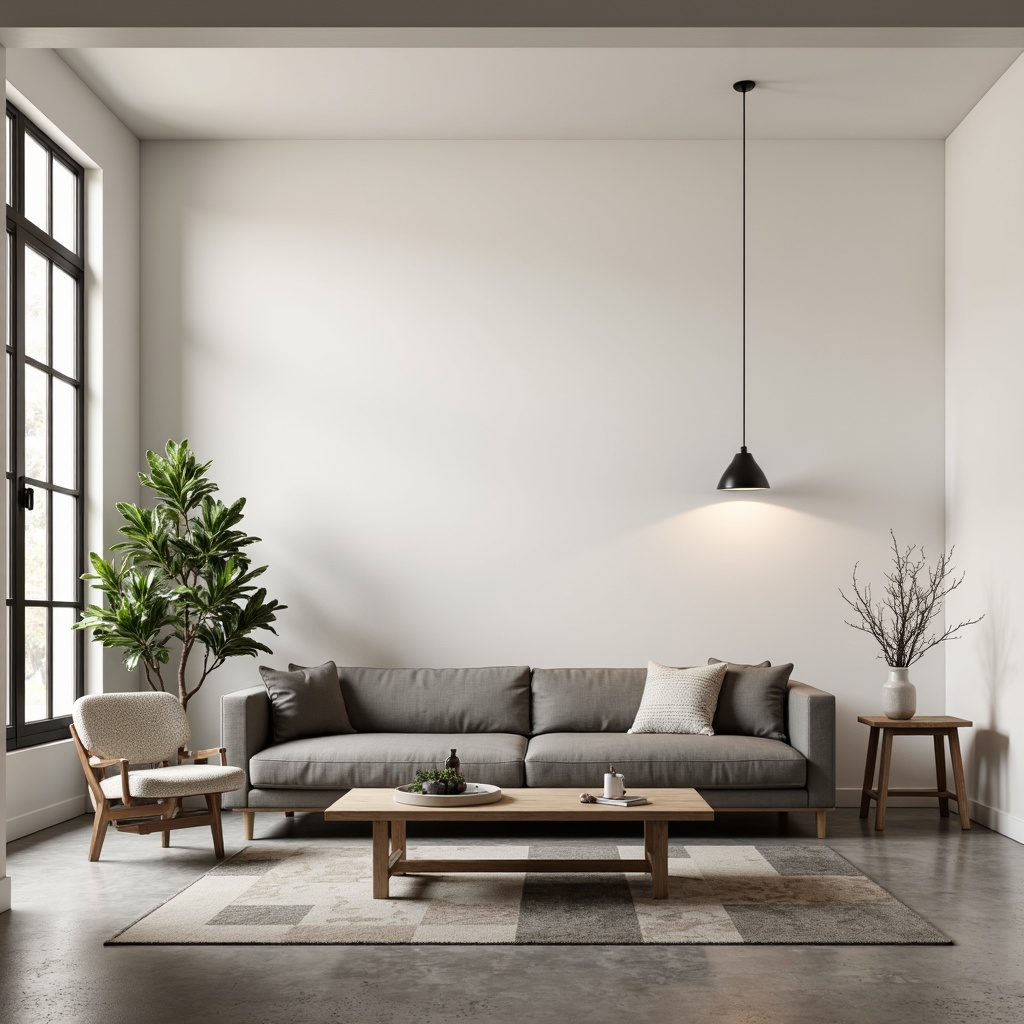 Prompt: Monochromatic living room, low-profile sofas, sleek wooden coffee tables, minimalist floor lamps, creamy white walls, polished concrete floors, industrial-chic metal accents, sparse greenery, natural textiles, subtle patterns, Scandinavian-inspired design, soft warm lighting, shallow depth of field, 2/3 composition, atmospheric rendering, realistic materials.