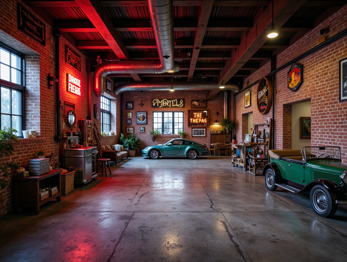 Prompt: Industrial garage interior, rugged concrete floors, metal beams, exposed brick walls, vintage car decorations, neon signs, bold color accents, distressed wood textures, urban loft atmosphere, high-contrast lighting, dramatic shadows, 1-point perspective composition, warm and cool tone balance, earthy reds, deep blues, industrial grays, metallic silvers, rich wood browns.