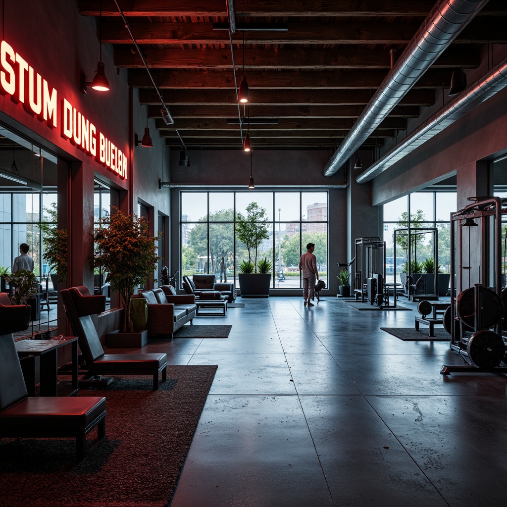 Prompt: Industrial-chic gym interior, polished concrete floors, metallic accents, neon-lit signage, mirrored walls, sleek fitness equipment, modern minimalist decor, urban loft atmosphere, high-ceiling, reclaimed wood beams, exposed ductwork, matte black flooring, rubber athletic surfaces, textured area rugs, industrial-style lighting fixtures, dramatic shadowing, 1/2 composition, low-angle shot, atmospheric fog effect.