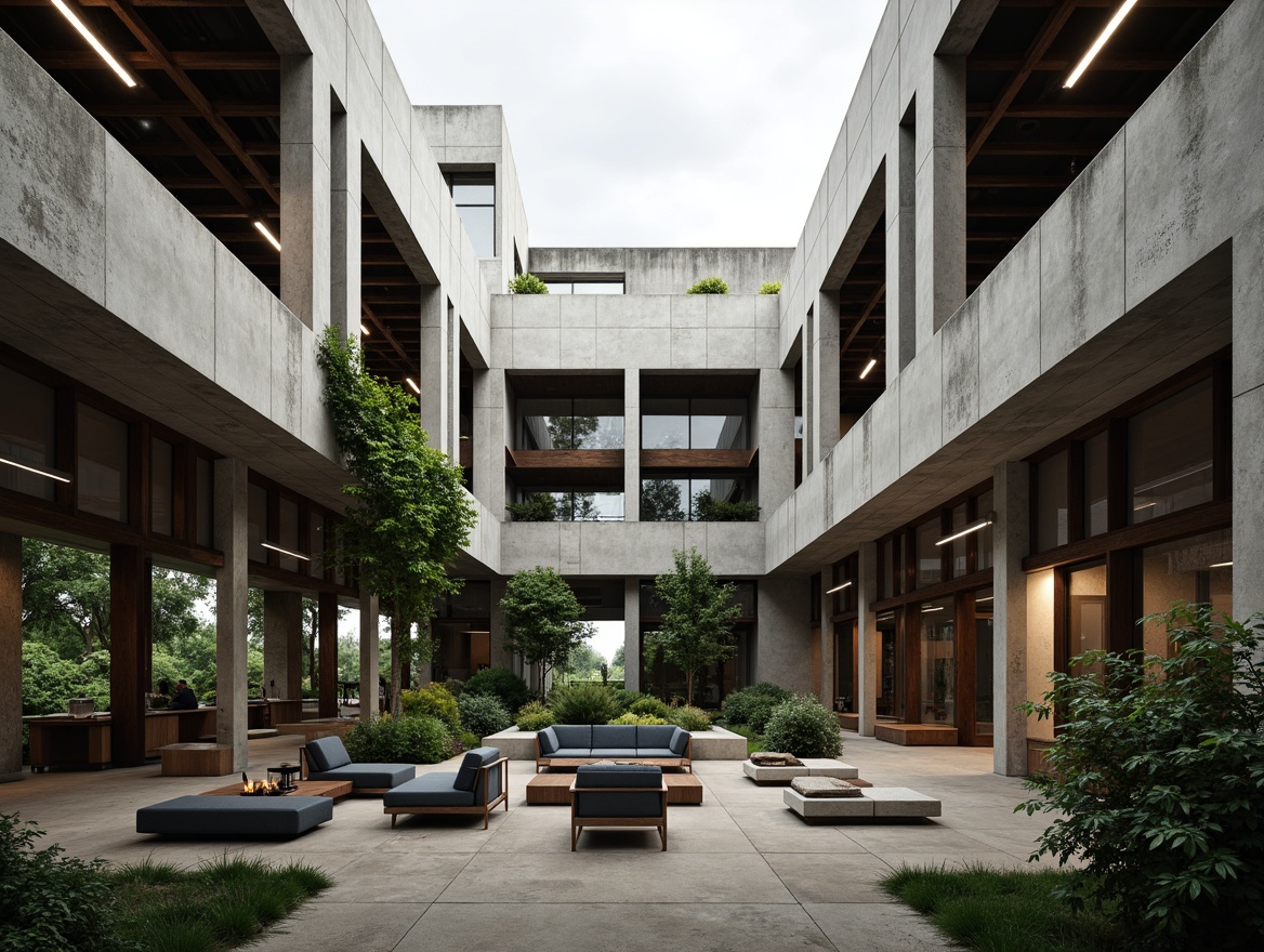 Prompt: Rugged high school building, brutalist architecture, exposed concrete walls, raw industrial textures, bold geometric shapes, dramatic natural light, open-air courtyard, sprawling greenery, weathered steel beams, minimalist furniture, functional corridors, industrial-style lighting, distressed wood accents, urban landscape views, overcast sky, high-contrast shadows, 1/1 composition, symmetrical framing, gritty realistic render.