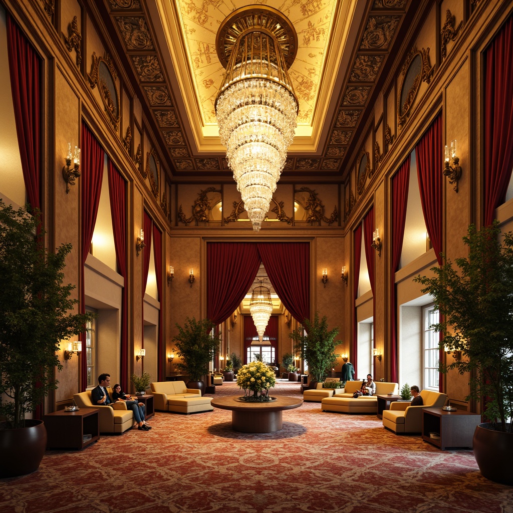 Prompt: Luxurious hotel lobby, ornate golden accents, intricate plasterwork, grand crystal chandelier, opulent velvet drapes, richly patterned carpets, lavish furnishings, curved wooden paneling, gilded mirrors, decorative frescoes, ornamental cornices, lavish flower arrangements, soft warm lighting, shallow depth of field, 1/1 composition, realistic textures, ambient occlusion.