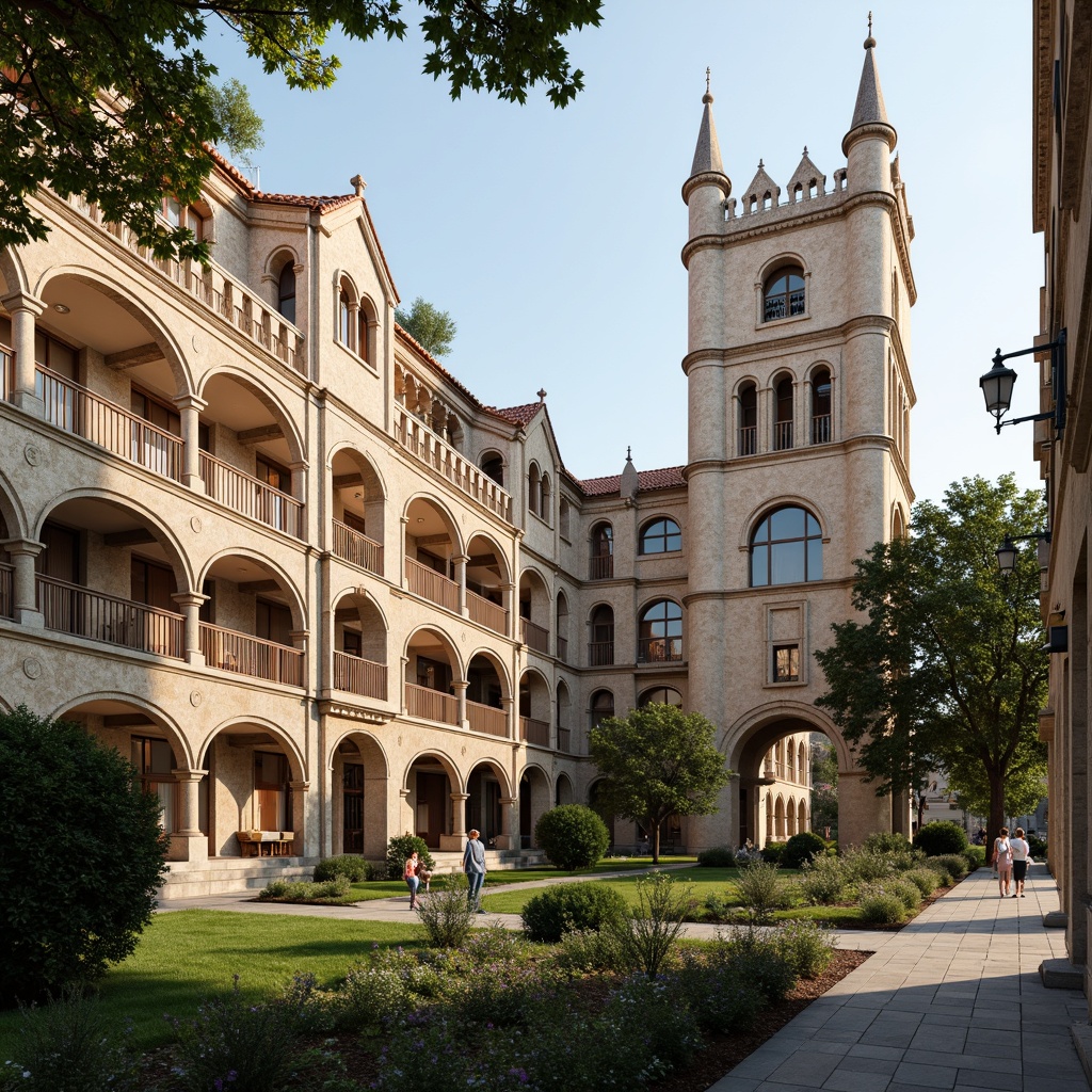 Prompt: Renaissance-style university campus, grandiose buildings, ornate facades, carved stone details, arched windows, columned entrances, rusticated bases, terra cotta roofing, vibrant frescoes, intricate moldings, Gothic-inspired architecture, large quadrangles, cobblestone pathways, manicured lawns, mature trees, warm afternoon lighting, soft shadows, 1/2 composition, realistic textures, ambient occlusion.