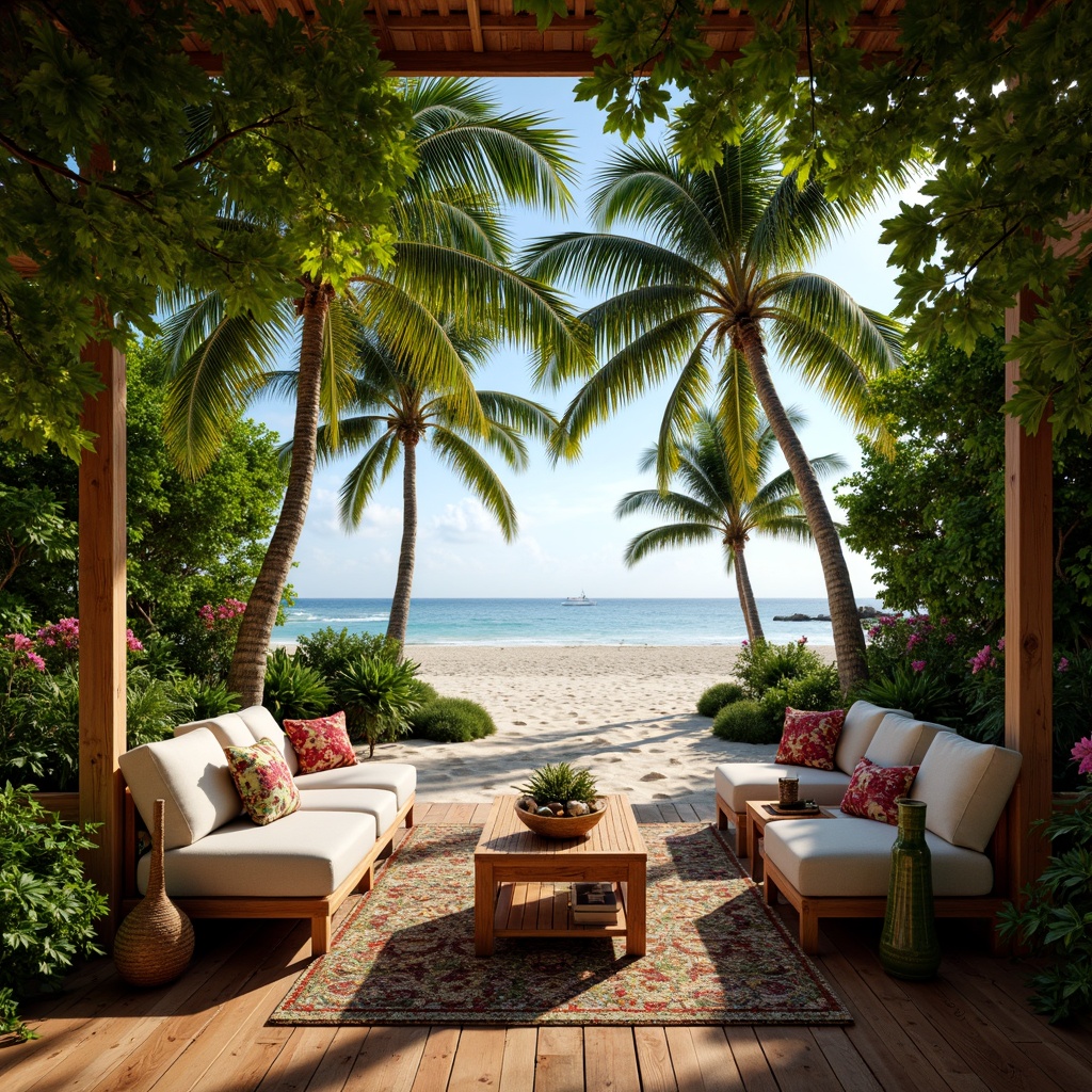 Prompt: Exotic tropical island, warm sandy beach, palm trees swaying, lush greenery, vibrant floral patterns, wooden flooring, distressed teak planks, natural textures, woven rattan furniture, bamboo accents, colorful tiki torches, soft warm lighting, shallow depth of field, 1/2 composition, realistic renderings, ambient occlusion.