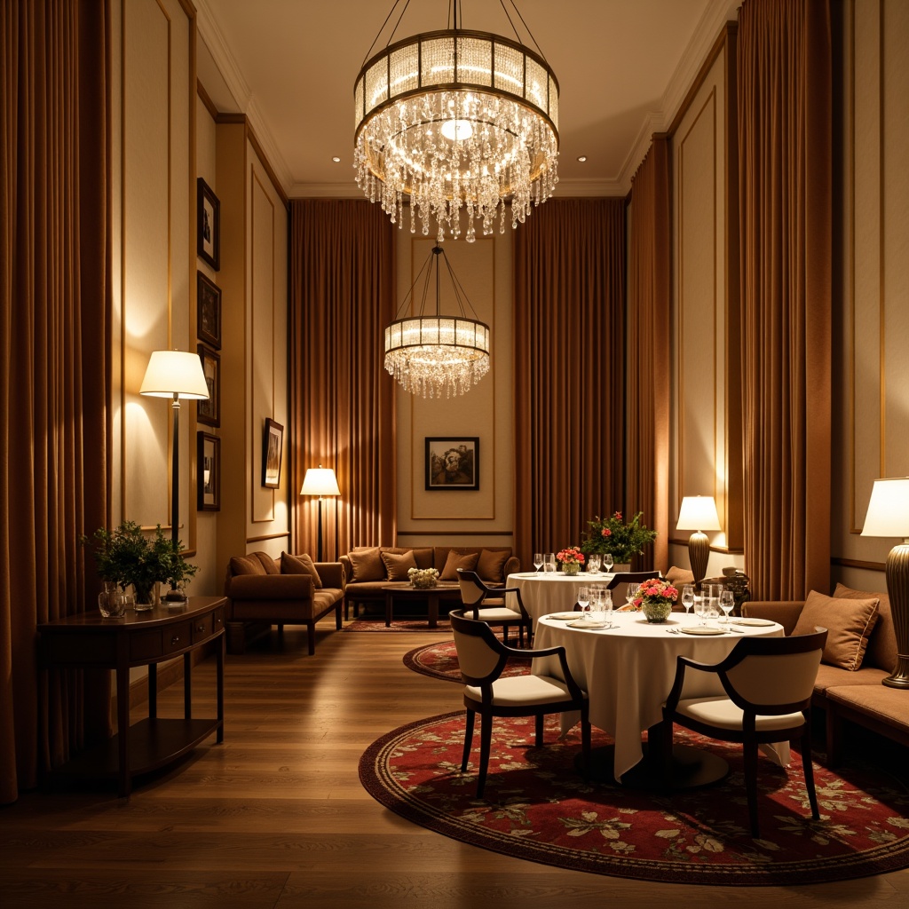 Prompt: Elegant dining room, warm beige walls, dark wood flooring, luxurious velvet drapes, refined furniture, crystal chandeliers, pendant lights, table lamps, floor lamps, soft warm glow, ambient lighting, layered light sources, 3/4 composition, shallow depth of field, realistic textures, softbox lighting, romantic atmosphere.