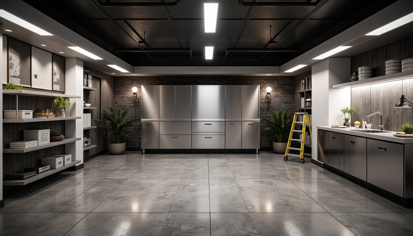 Prompt: Modern garage interior, polished concrete floors, sleek metal cabinets, industrial chic ambiance, recessed LED lighting, elegant pendant lamps, chrome finishes, minimalist design, warm white illumination, subtle shadows, 1/1 composition, shallow depth of field, softbox lighting, realistic metallic textures, ambient occlusion.