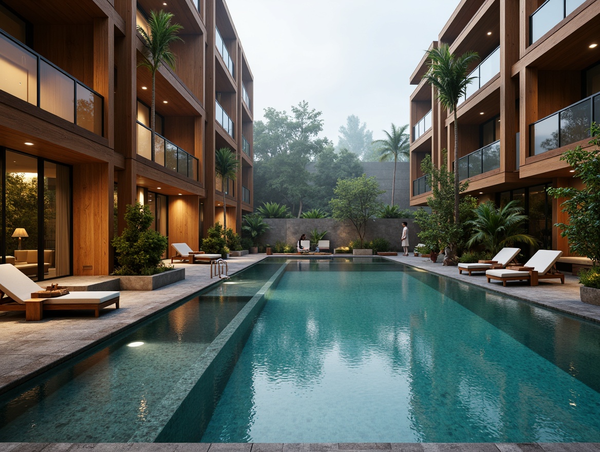 Prompt: Luxurious swimming pool, bronze accents, metallic sheen, water-resistant materials, sleek modern design, subtle texture, warm golden tones, decorative fixtures, poolside lounge chairs, tropical plants, natural stone flooring, ambient lighting, soft focus, shallow depth of field, 1/2 composition, panoramic view, realistic reflections, atmospheric mist.