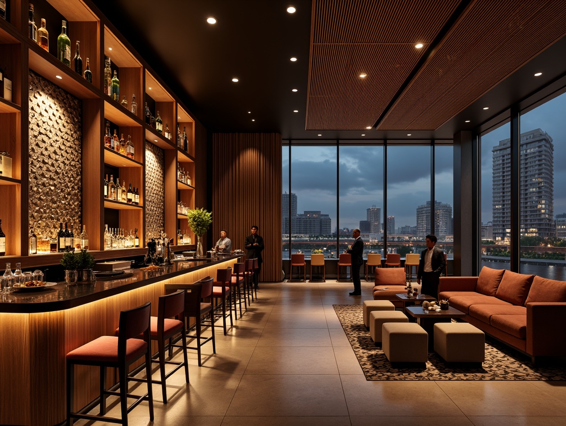 Prompt: Luxurious bar interior, rich wood accents, metallic decorations, ambient LED lighting, polished marble countertops, sleek stools, velvety sofas, geometric patterns, abstract artwork, urban cityscape views, nighttime atmosphere, shallow depth of field, 1/1 composition, warm color palette, soft focus, realistic textures, subtle reflections.