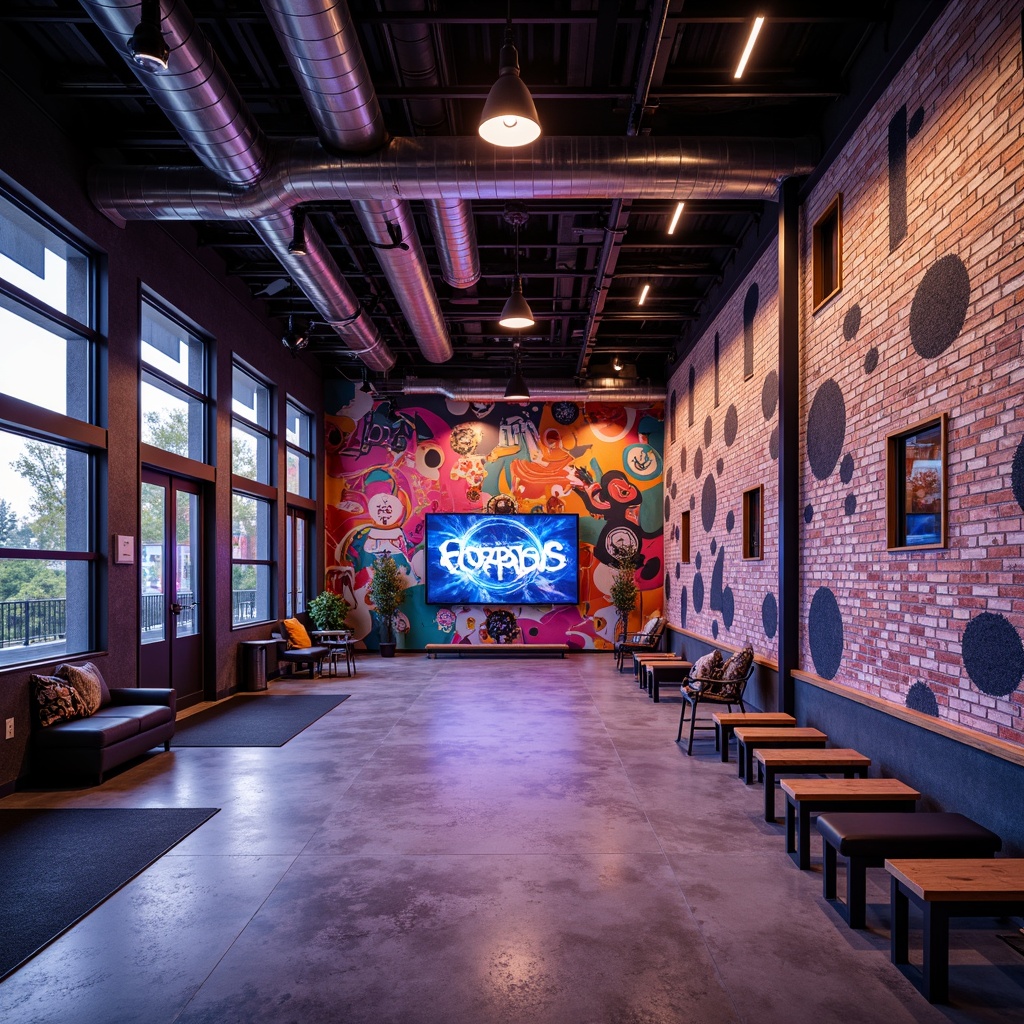 Prompt: Vibrant gym interior, eclectic wall treatments, exposed brick walls, reclaimed wood accents, industrial metal beams, abstract graffiti art, neon color schemes, LED lighting installations, 3D geometric patterns, textured concrete finishes, distressed paint effects, urban street art vibes, dynamic shadows, high-contrast photography, shallow depth of field, 1/2 composition, realistic renderings, ambient occlusion.