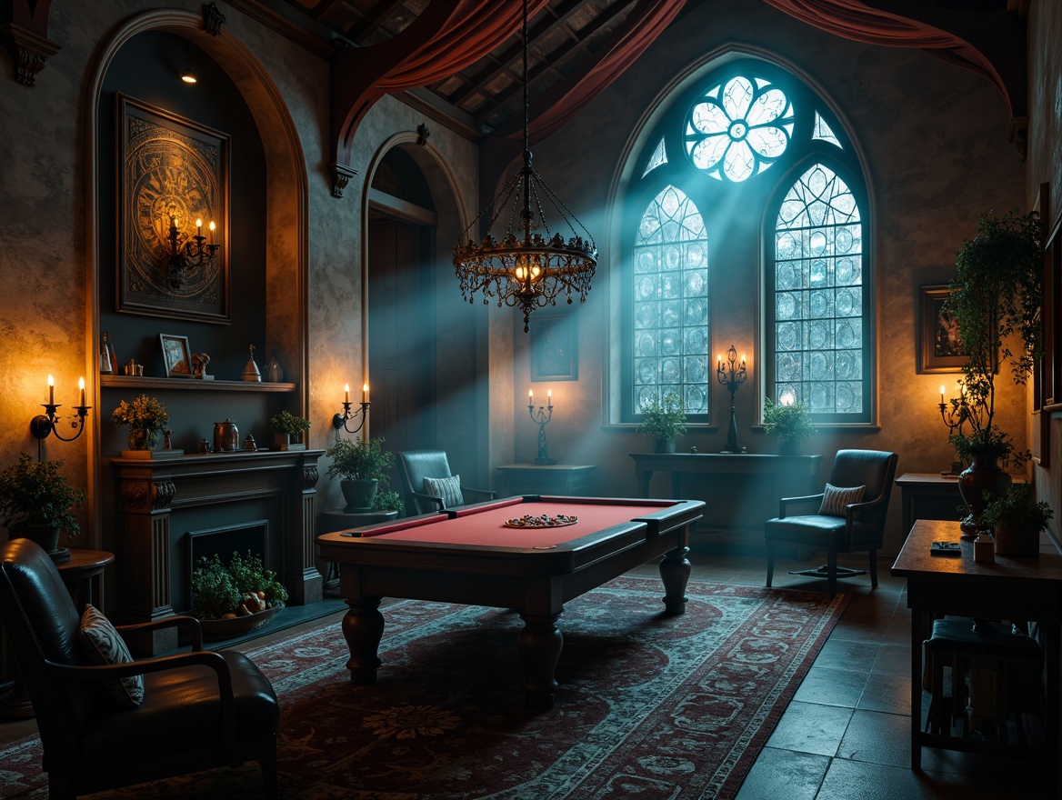 Prompt: Dimly lit Gothic game room, mysterious fog, eerie candlelight, flickering torches, stained glass windows, ornate chandeliers, mysterious shadows, rich velvet drapes, ancient stone walls, worn wooden furniture, mystical artifacts, cryptic symbols, dramatic spotlights, warm golden lighting, intense blue accents, misty atmosphere, cinematic composition, high contrast ratio, realistic textures, ambient occlusion.